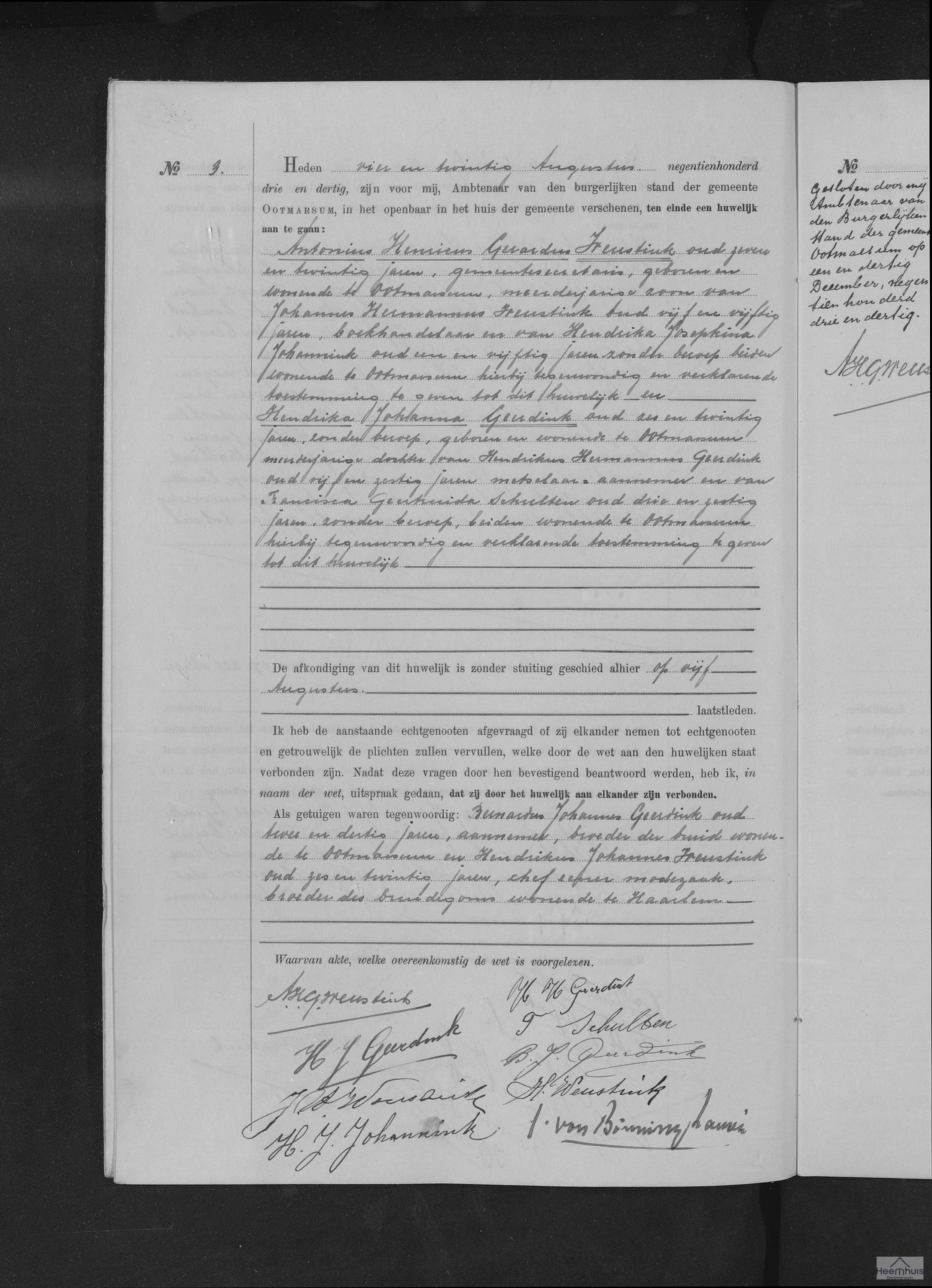 Huwelijksakte van Antonius Henricus Gerardus Weustink en Hendrika Johanna Geerdink