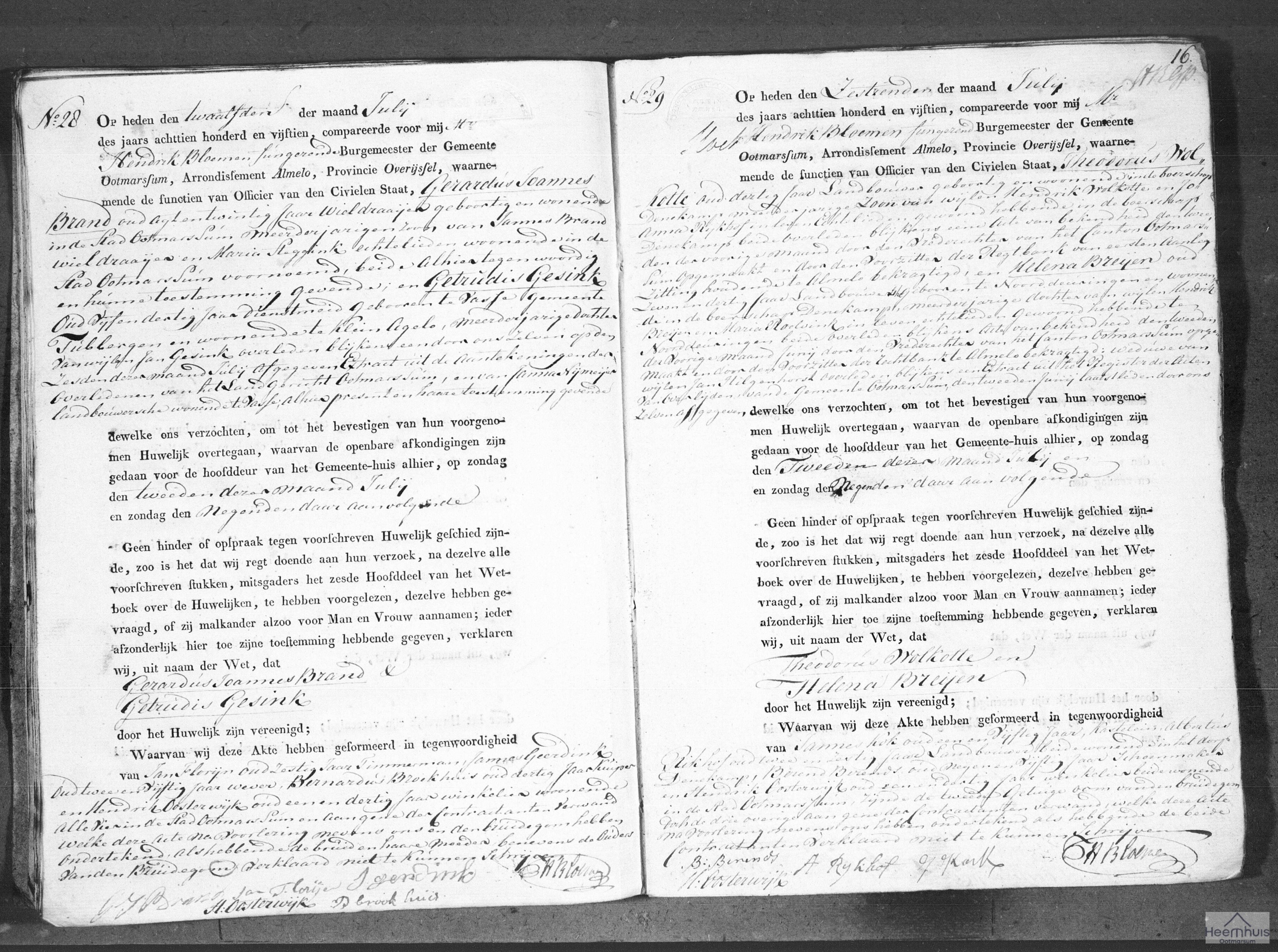 Huwelijksakte van Gerardus Joannes Brand en Getrudis Gesink Huwelijksakte van Gerardus Joannes Brand en Getrudis Gesink