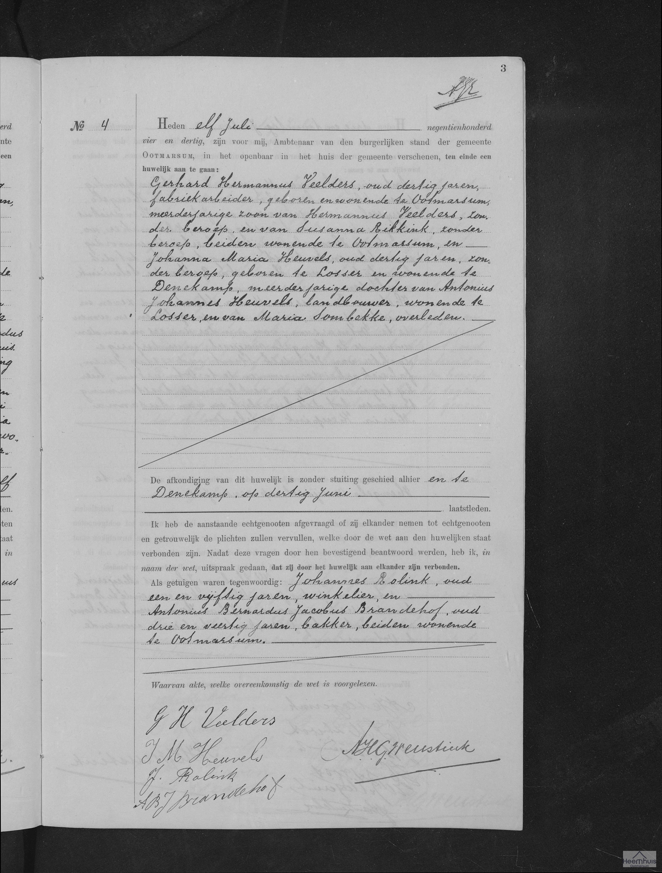 Huwelijksakte van Gerhard Hermannus Veelders en Johanna Maria Heuvels