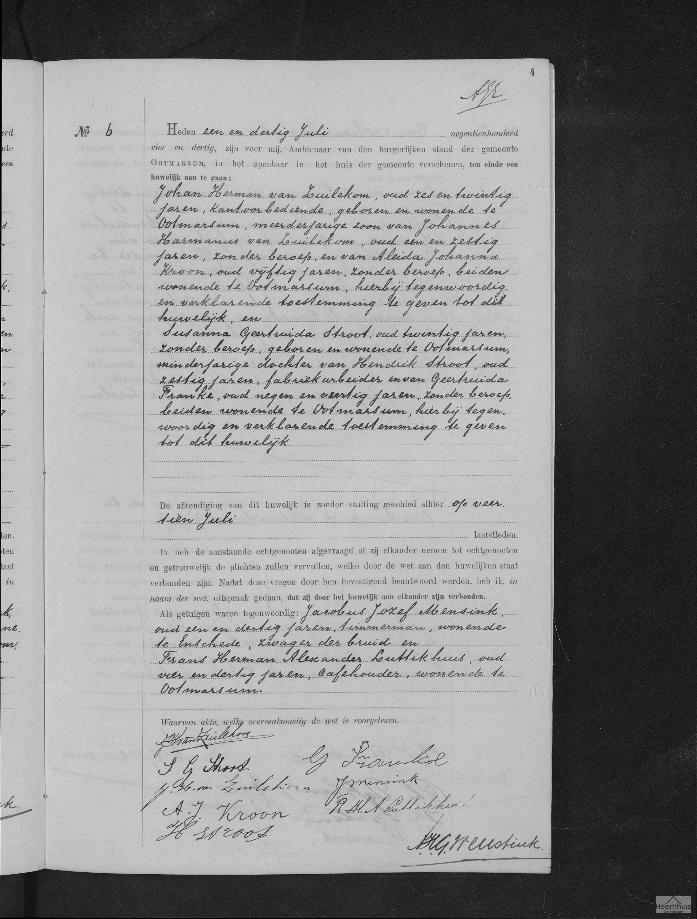 Huwelijksakte van Johan Herman van Zuilekom en Susanna Geertruida Stroot