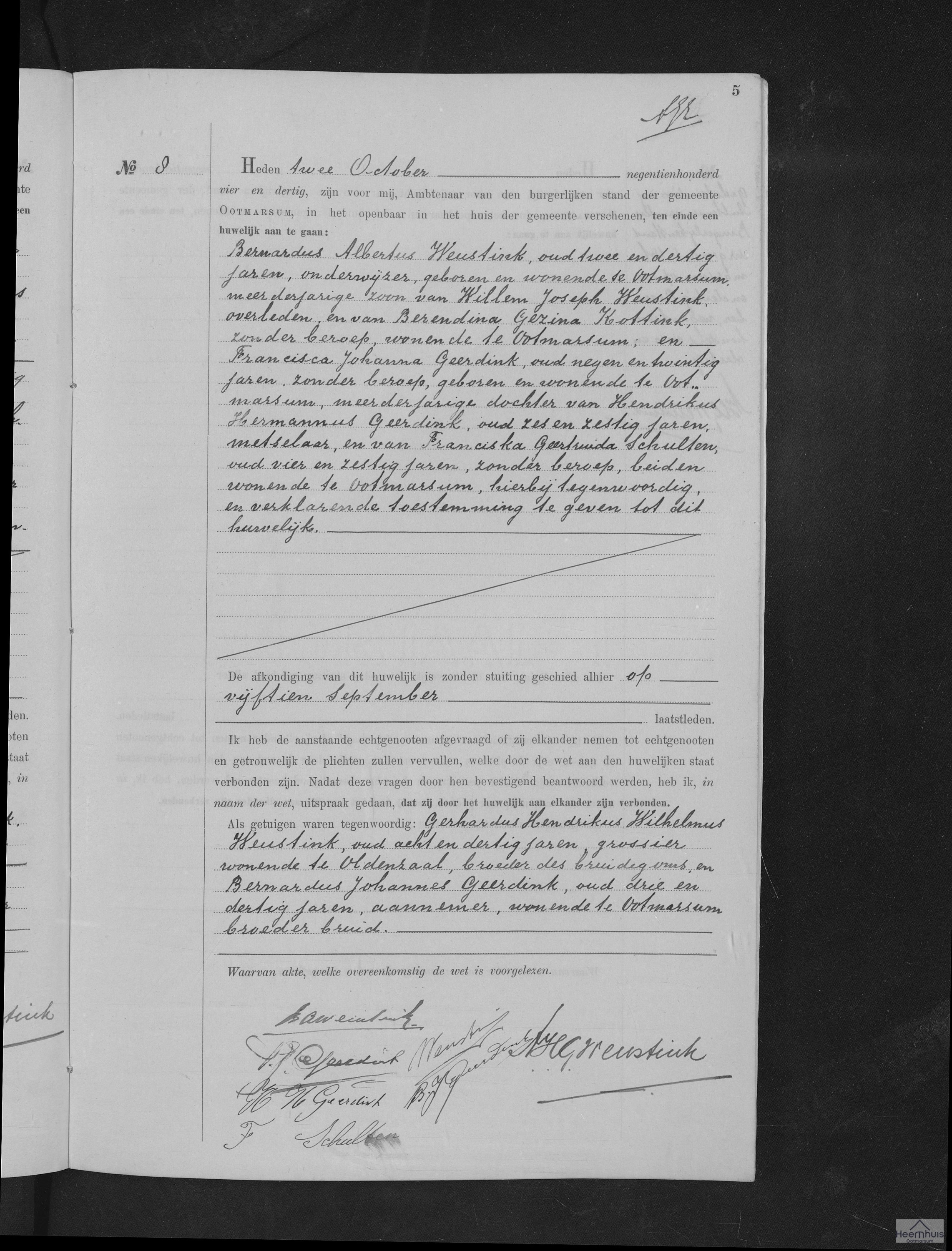 Huwelijksakte van Bernardus Albertus Weustink en Francisca Johanna Geerdink