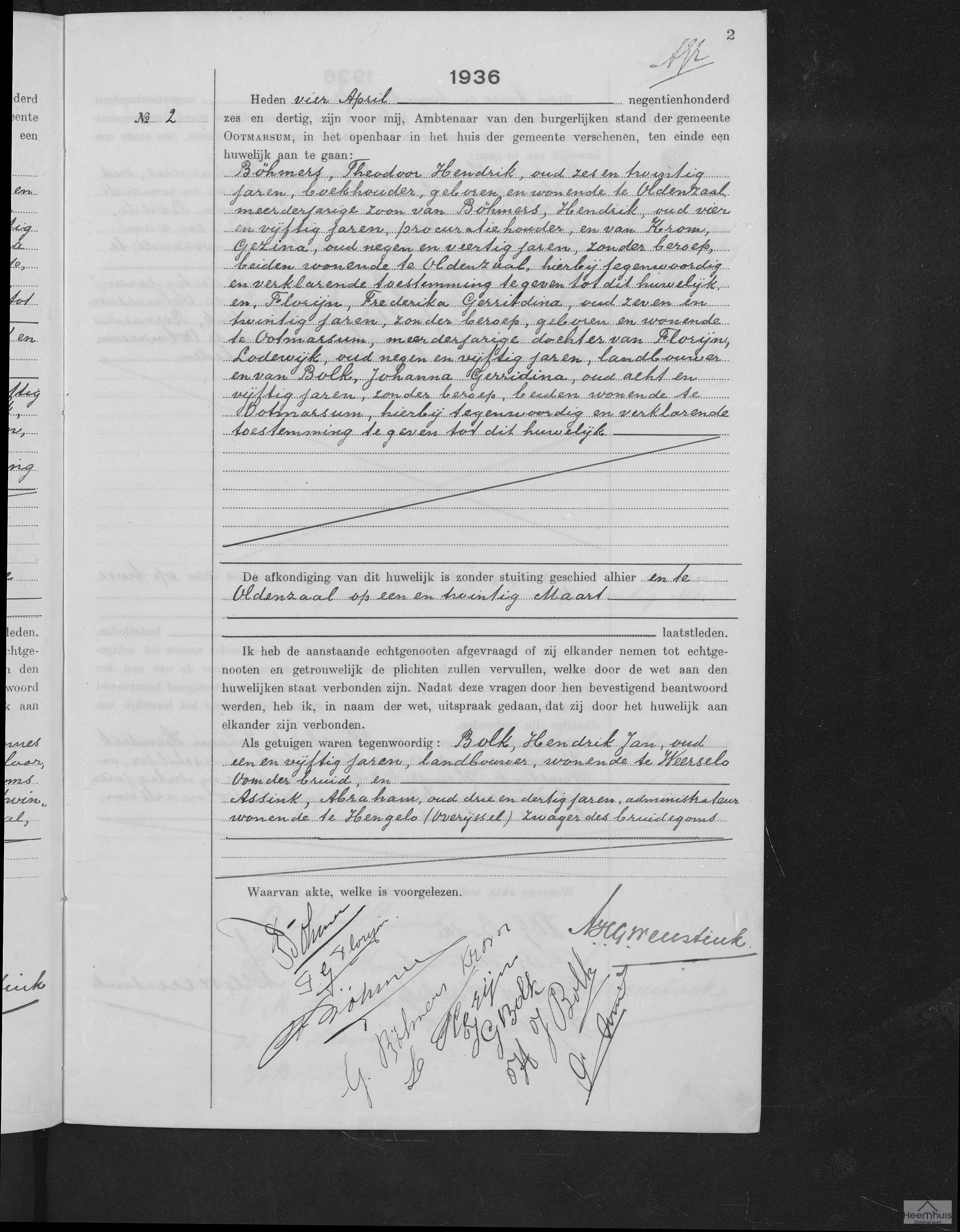 Huwelijksakte van Theodoor Hendrik Böhmers en Frederika Gerritdina Florijn