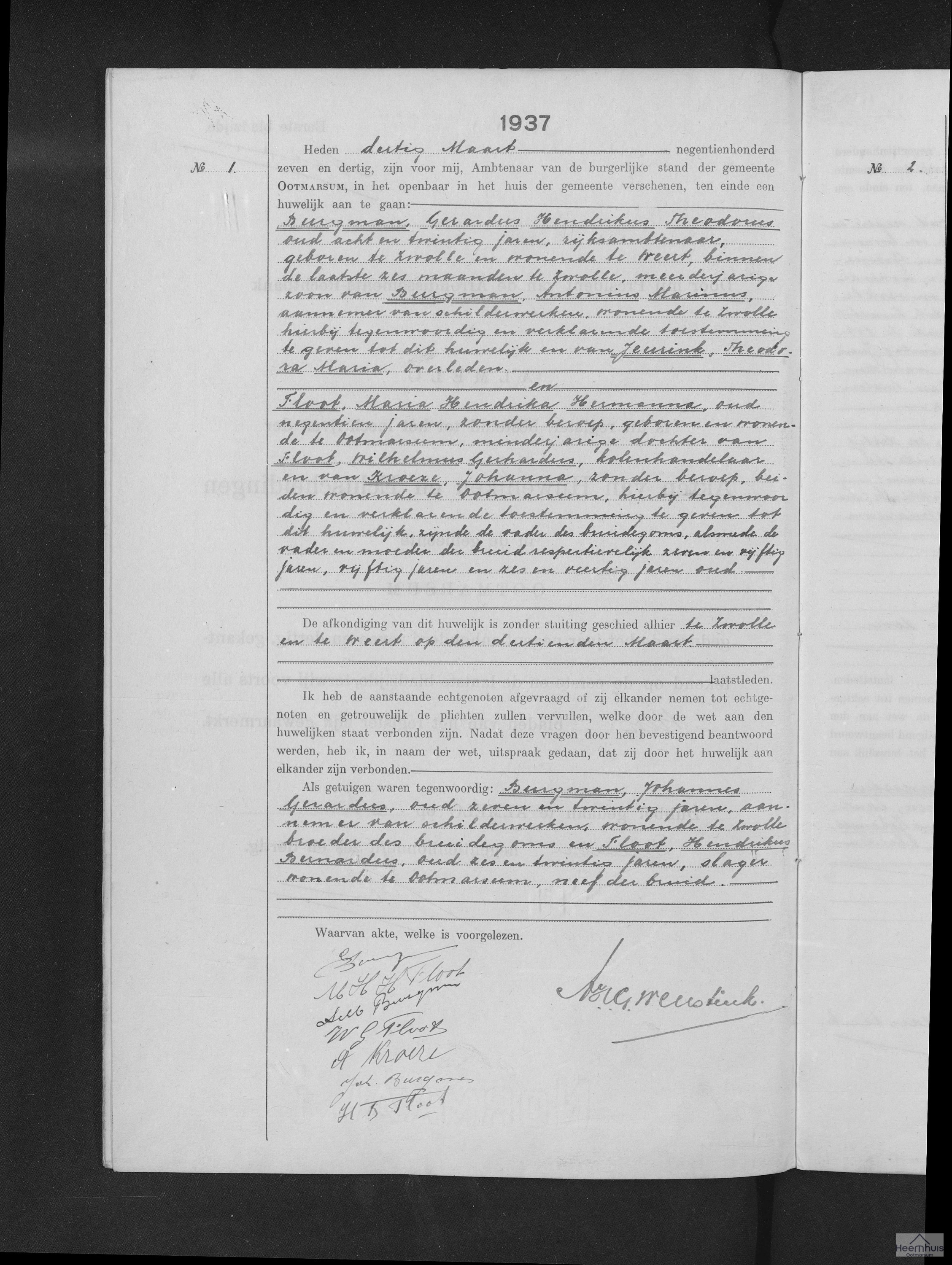 Huwelijksakte van Gerardus Hendrikus Theodorus Burgman en Maria Hendrika Hermanna Floot