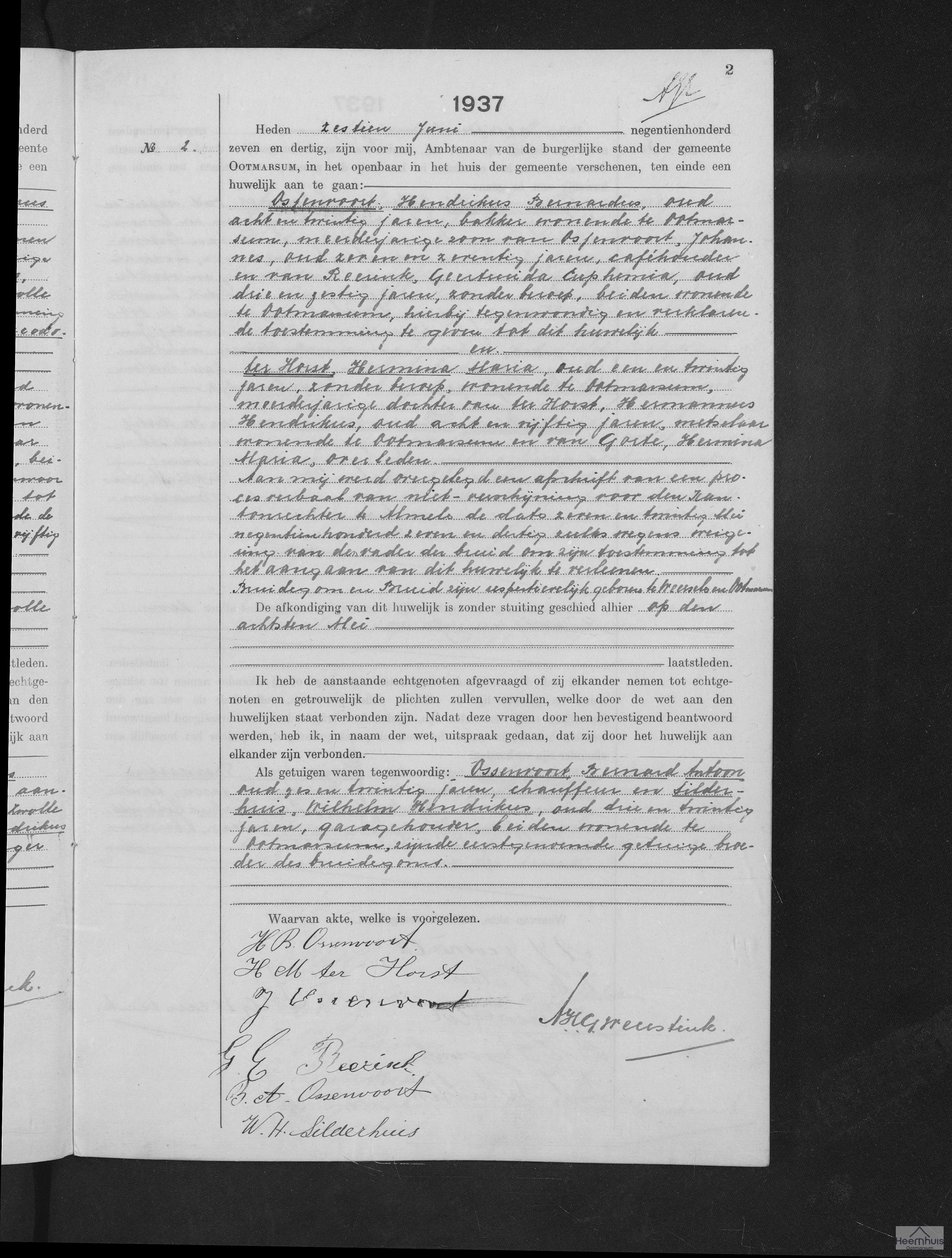 Huwelijksakte van Hendrikus Bernardus Ossenvoort en Hermina Maria ter Horst Huwelijksakte van Hendrikus Bernardus Ossenvoort en Hermina Maria ter Horst