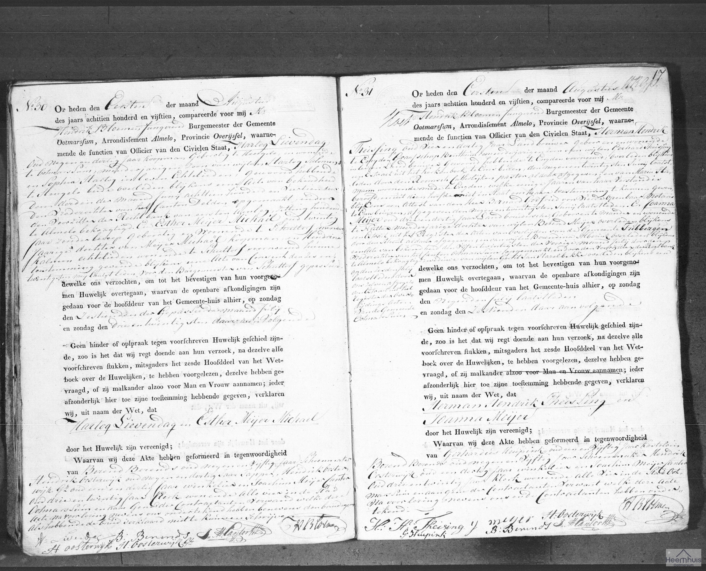 Huwelijksakte van Herman Hendrik Theissing en Joanna Meijer