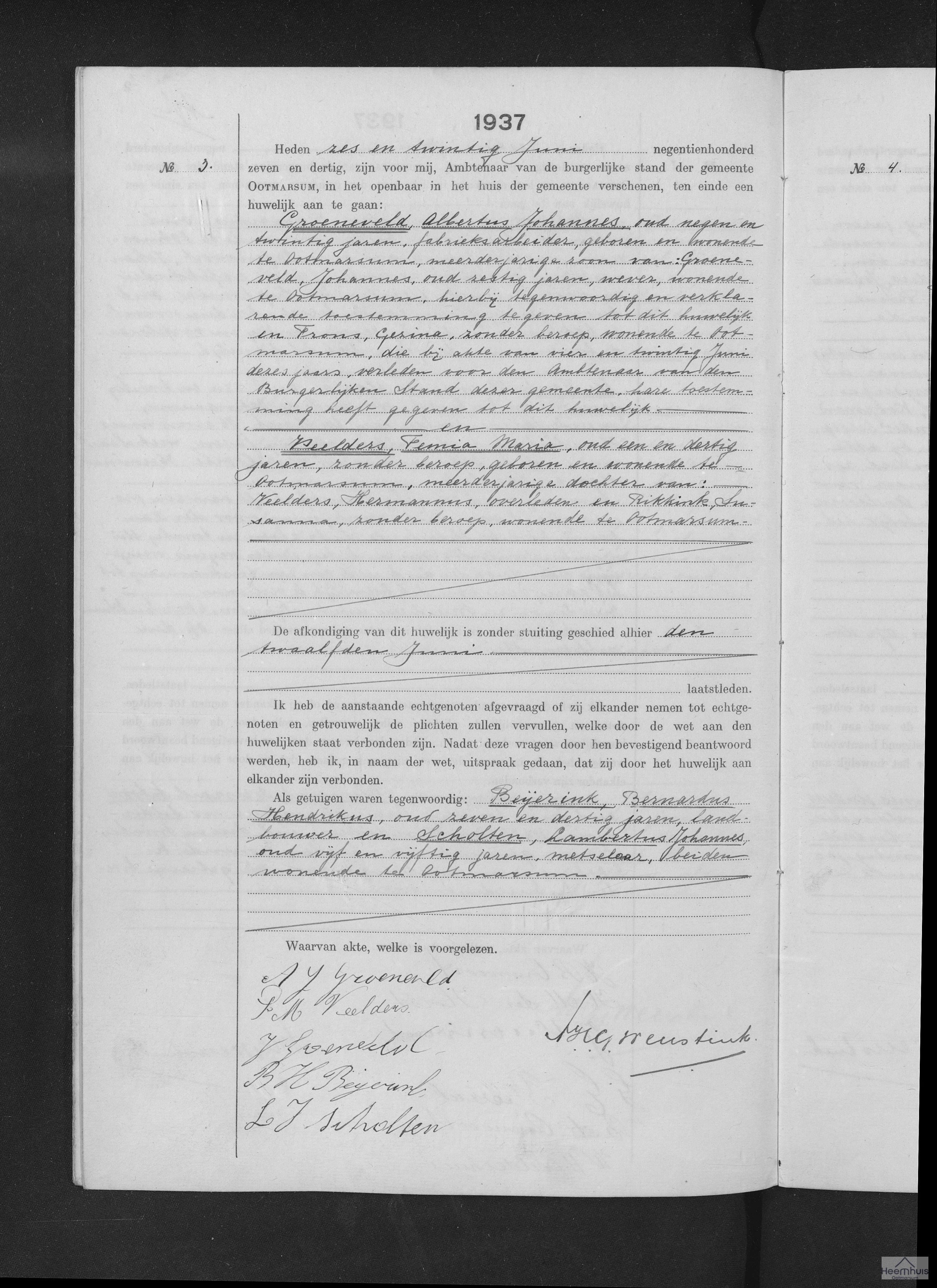 Huwelijksakte van Albertus Johannes Groeneveld en Femia maria Veelders