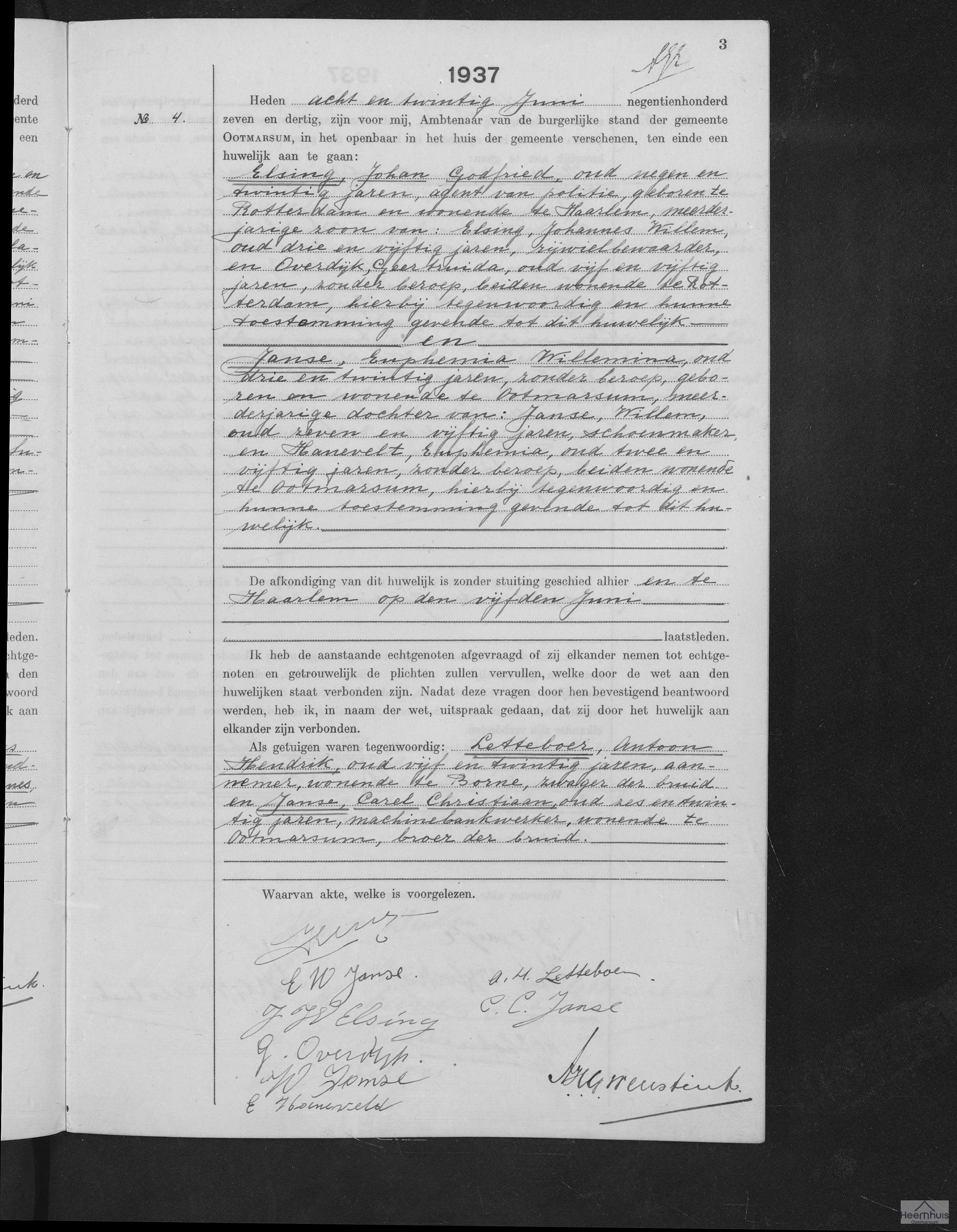 Huwelijksakte van Johan Godfried Elsing en Euphemia Willemina Janse Huwelijksakte van Johan Godfried Elsing en Euphemia Willemina Janse