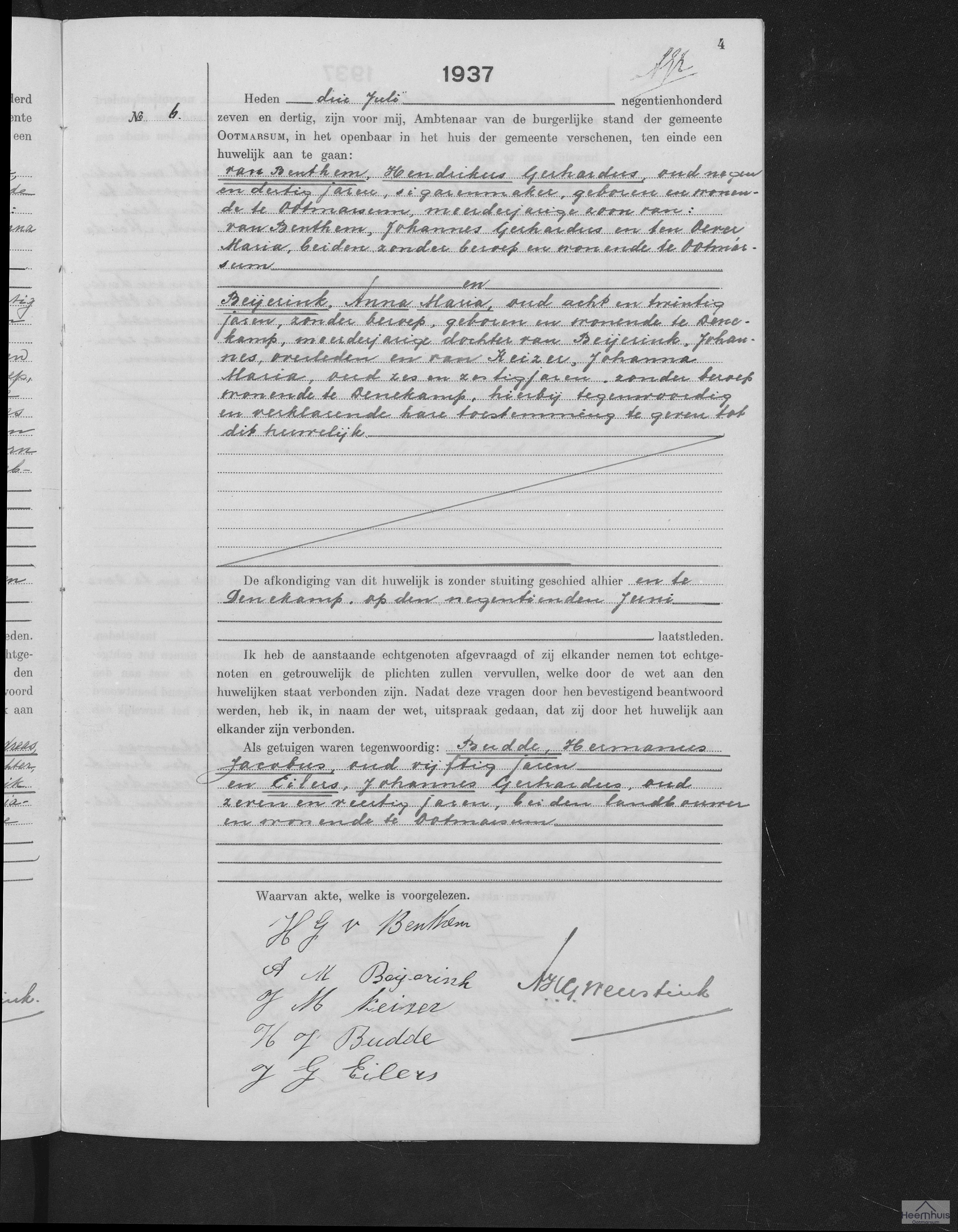 Huwelijksakte van Hendrikus Gerhardus van Benthem en Anna Maria Beijerink