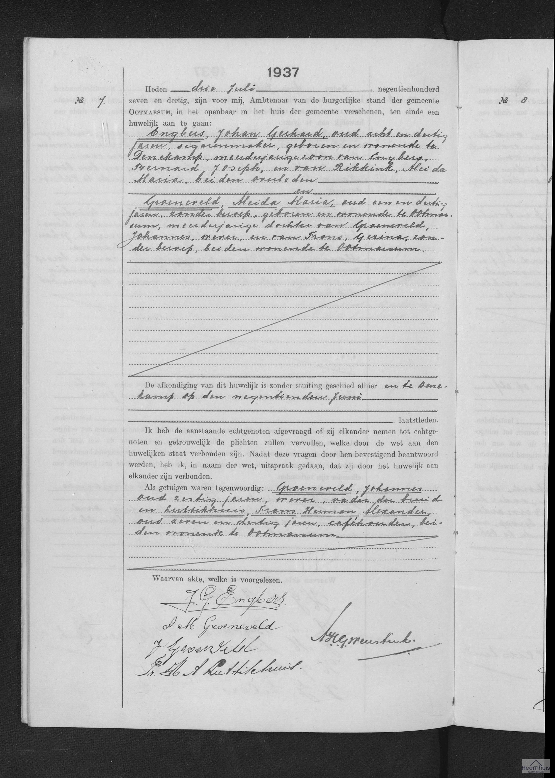 Huwelijksakte van Johan Gerhard Engbers en Aleida Maria Groeneveld