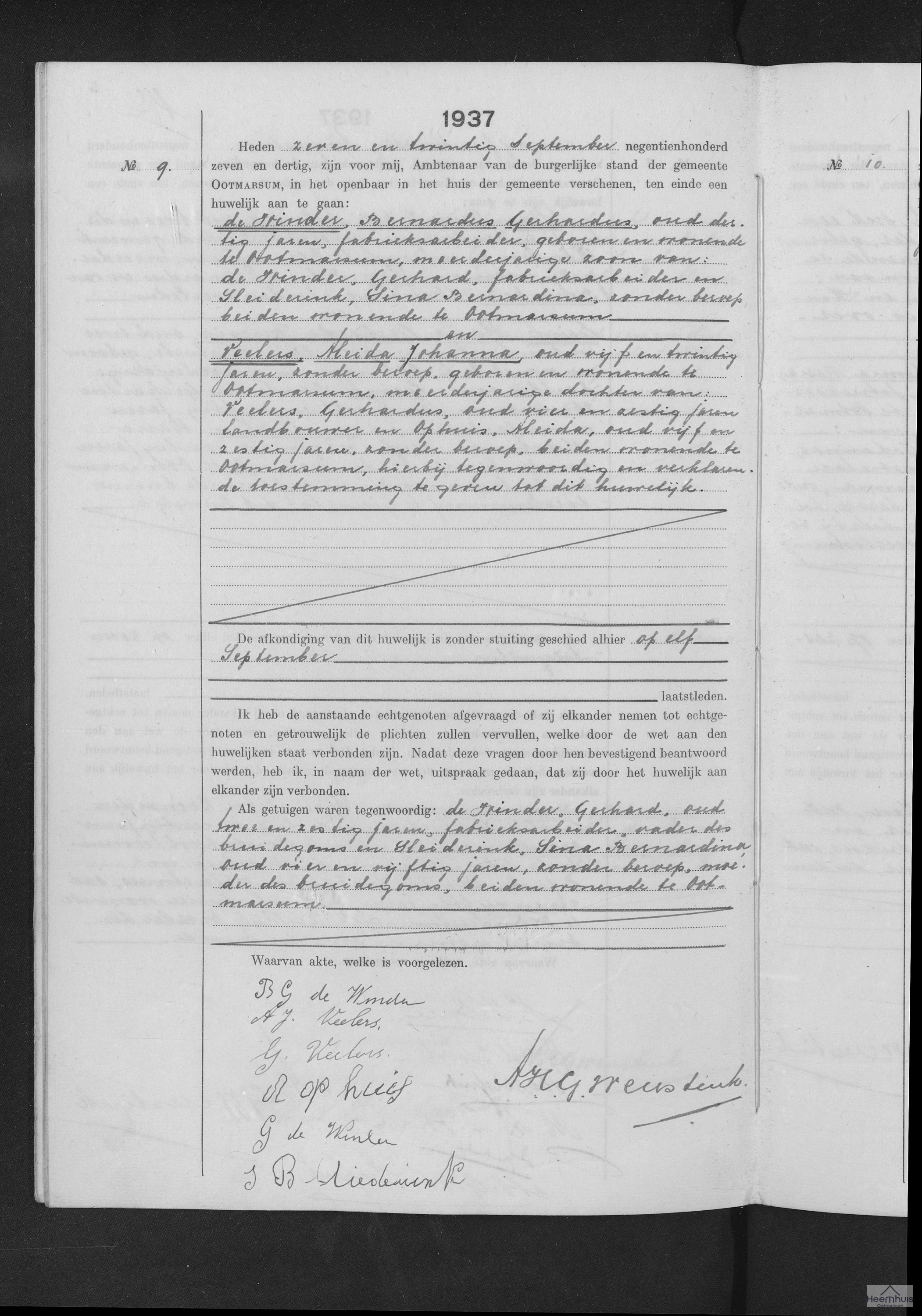 Huwelijksakte van Bernardus Gerhardus de Winder en Aleida Johanna Veelers Huwelijksakte van Bernardus Gerhardus de Winder en Aleida Johanna Veelers