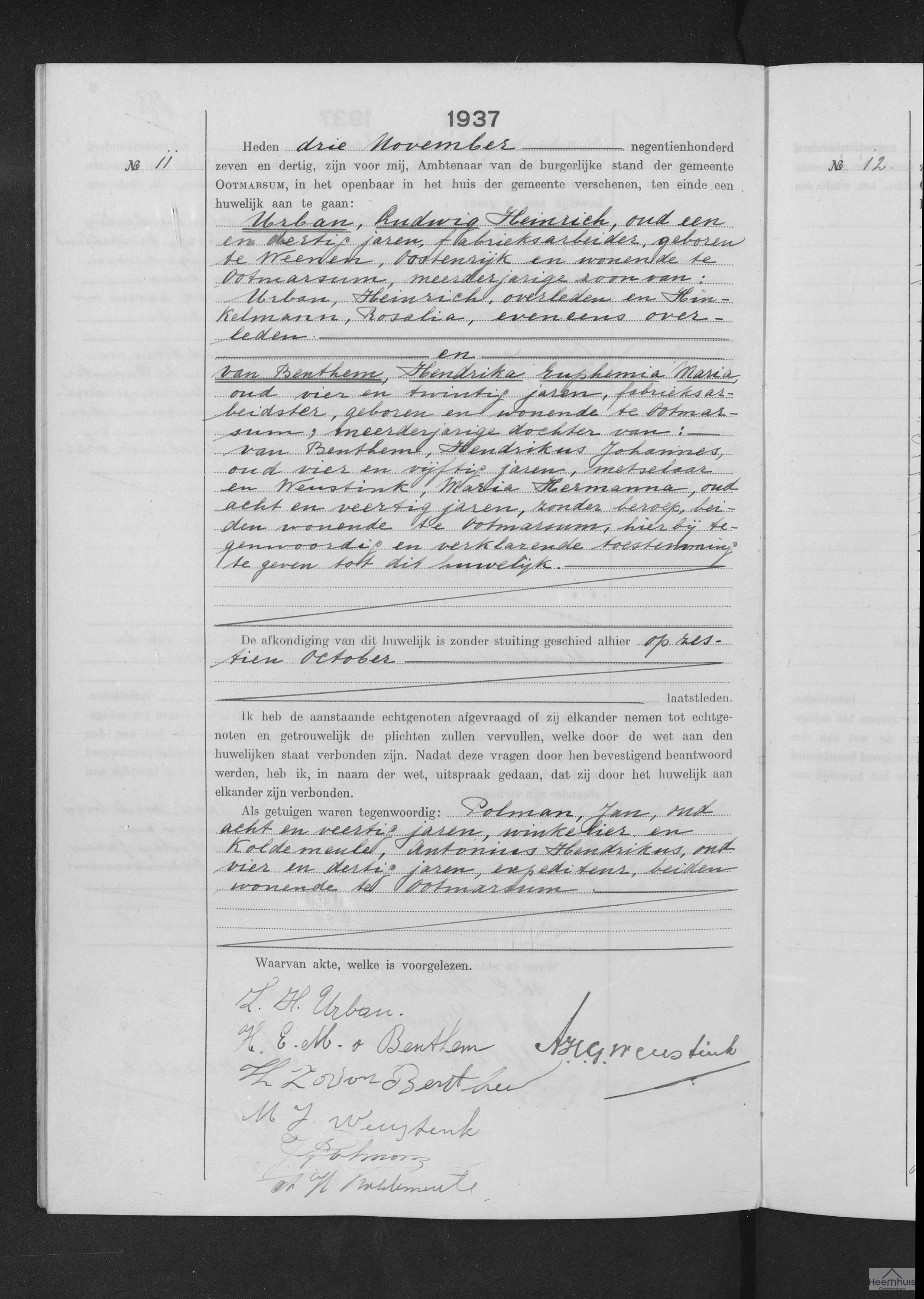 Huwelijksakte van Ludwig Heinrich Urban en Hendrika Euphemia Maria van Benthem