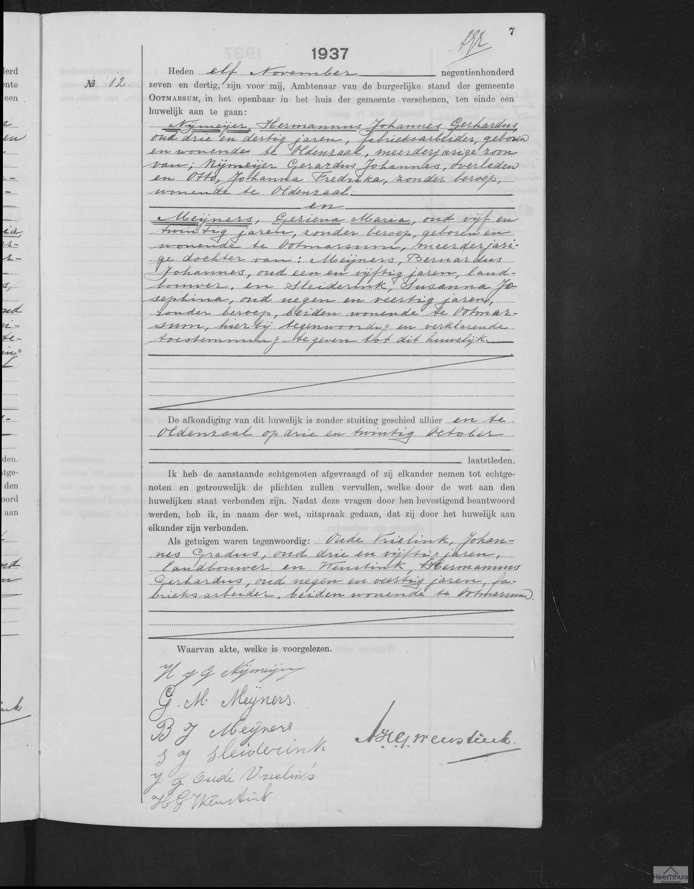 Huwelijksakte van Hermannus Johannes Gerhardus Nijmeijer en Geziena Maria Meijners