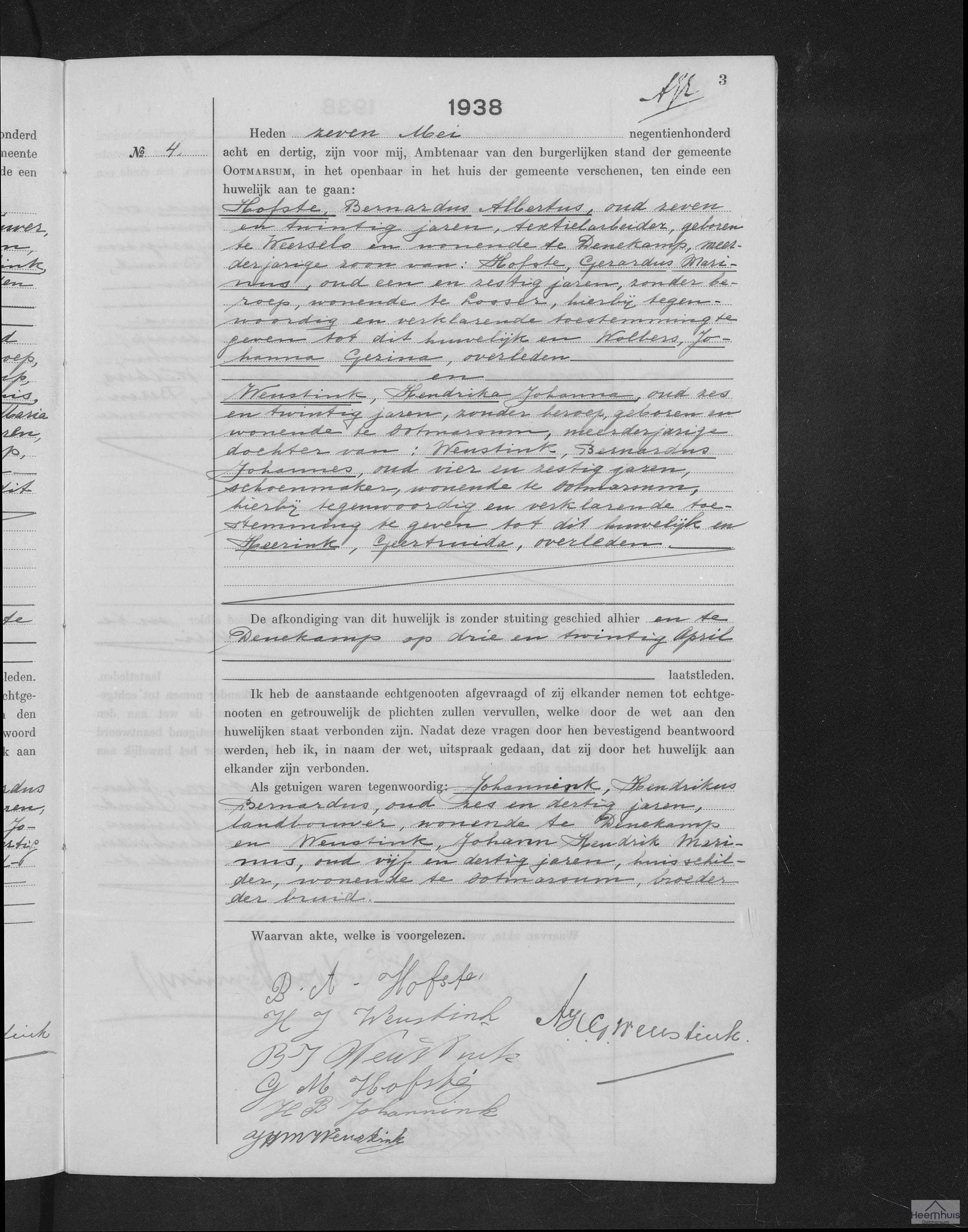 Huwelijksakte van Bernardus Albertus Hofste en Hendrika Johanna Weustink