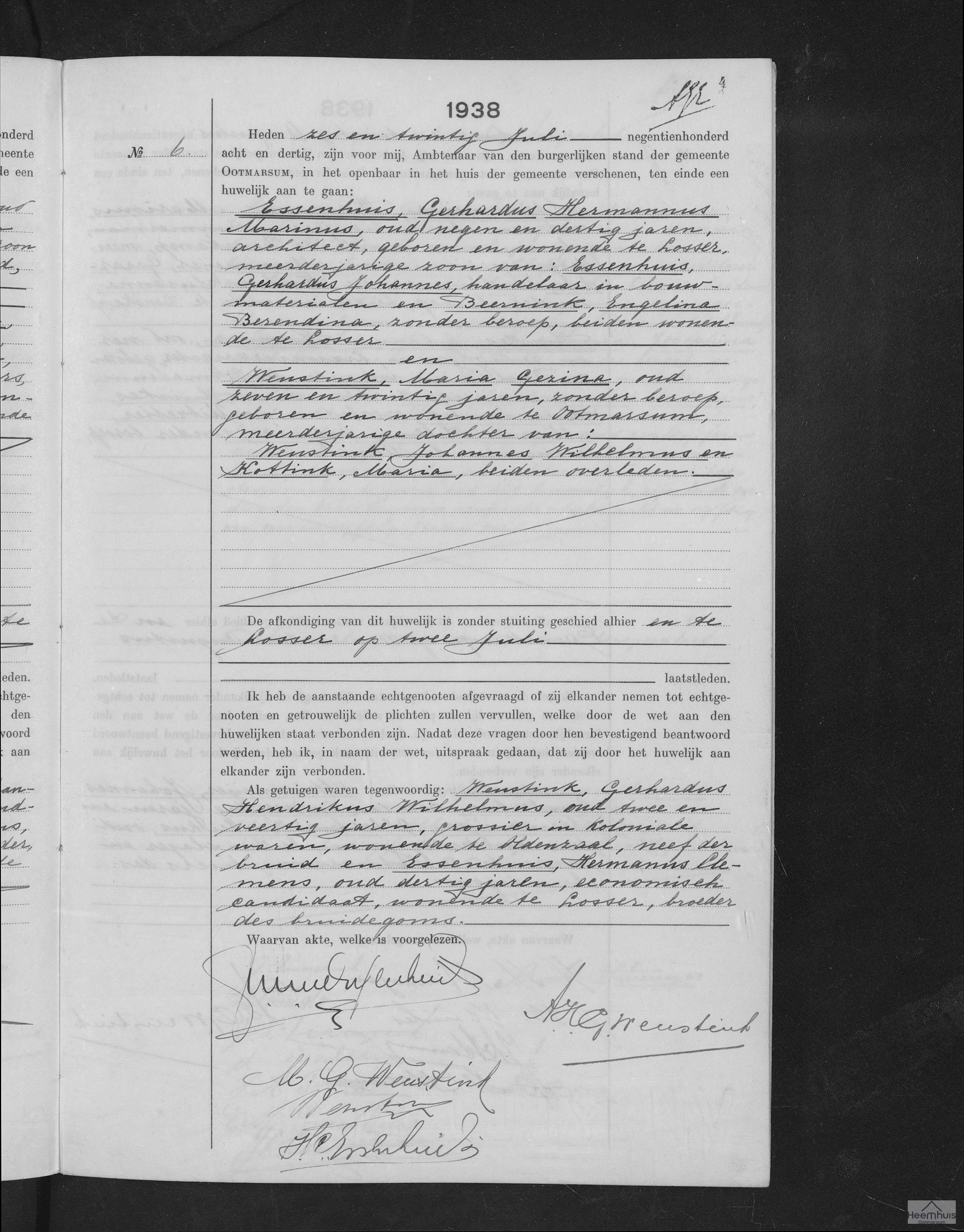 Huwelijksakte van Gerhardus Hermannus Marinus Essenhuis en Maria Gezina Weustink Huwelijksakte van Gerhardus Hermannus Marinus Essenhuis en Maria Gezina Weustink