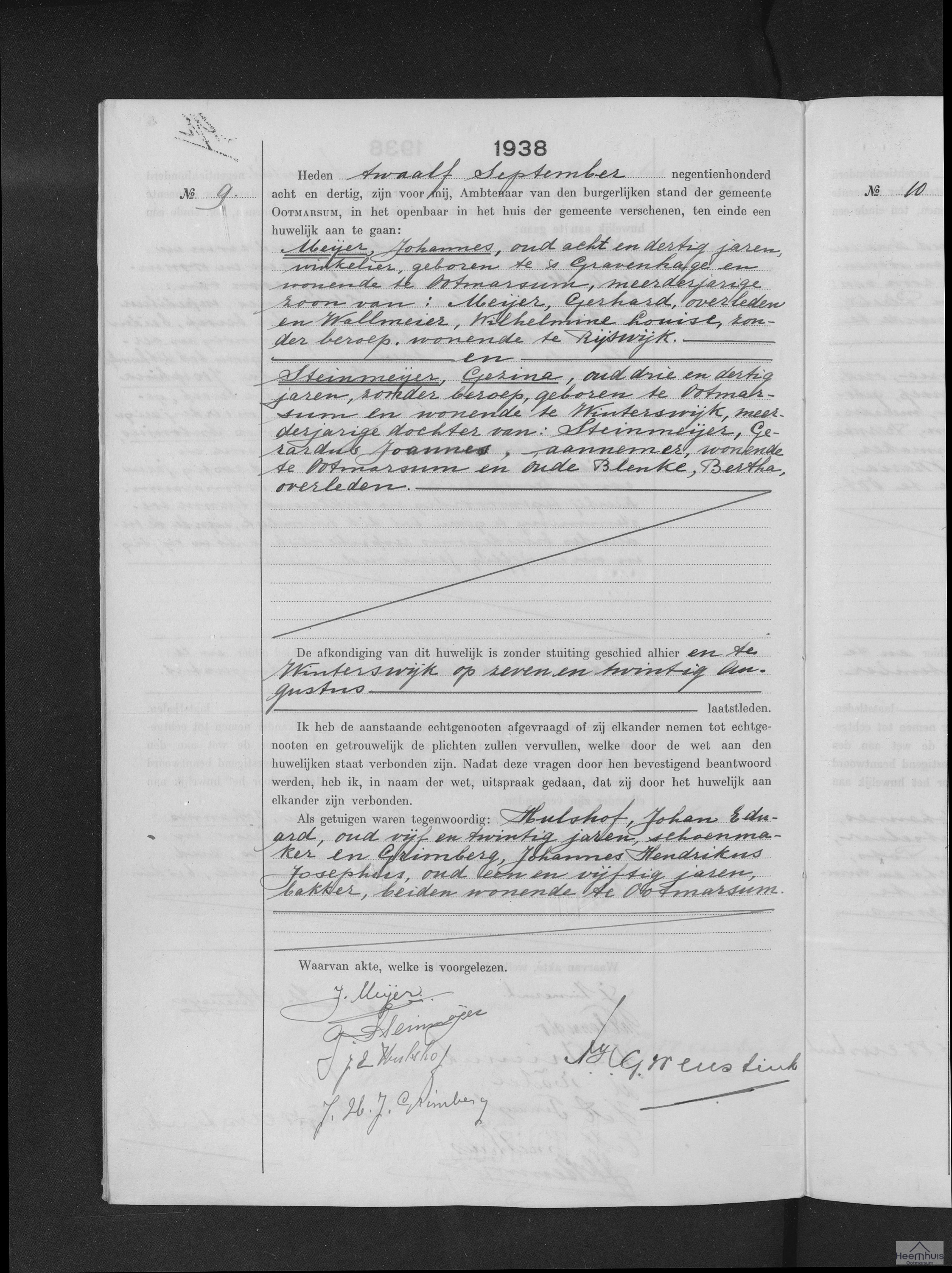 Huwelijksakte van Johannes Meijer en Gezina Steinmeijer