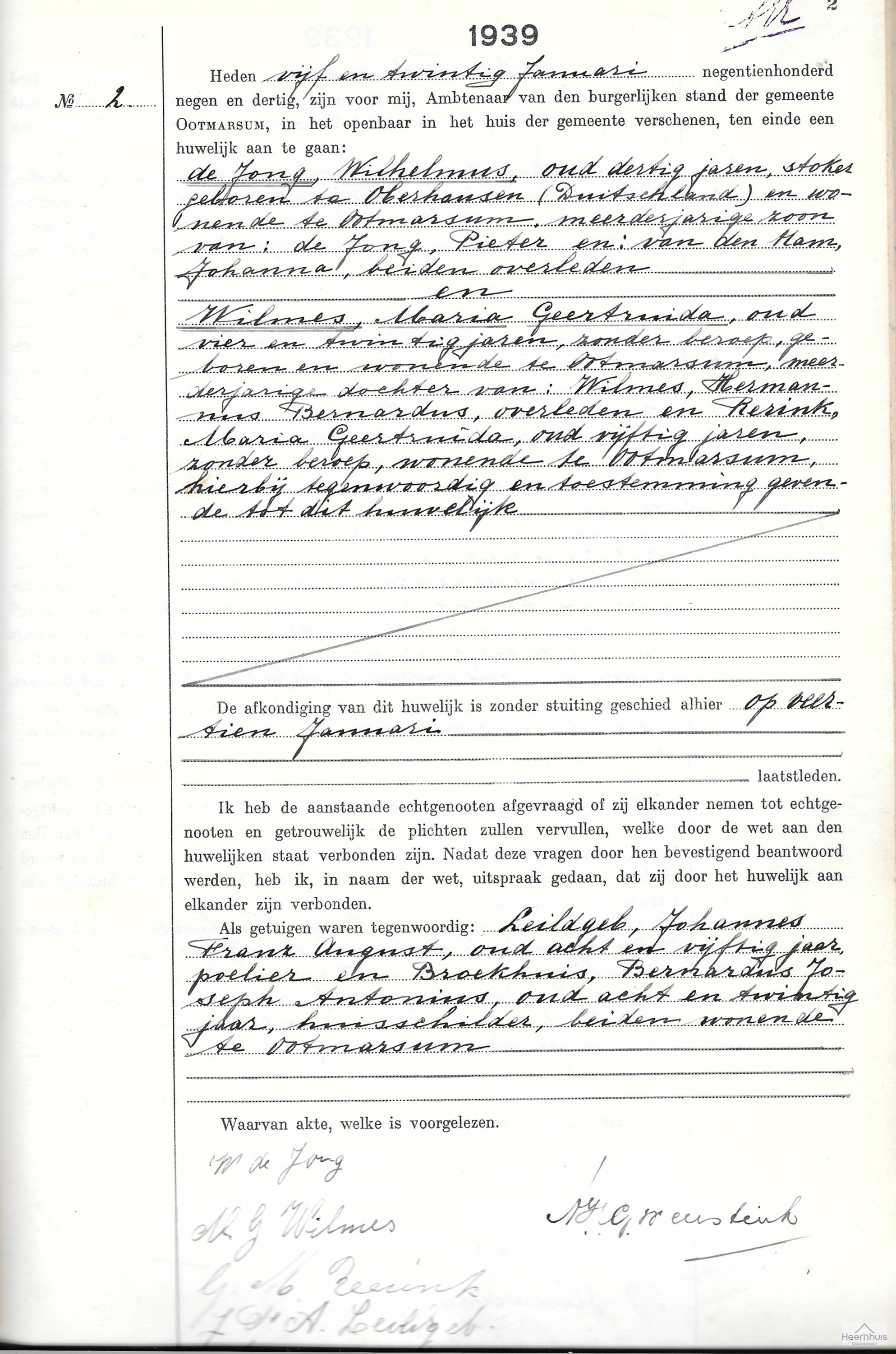 Huwelijksakte van Wilhelmus de Jong en Maria Geertruida Wilmes Huwelijksakte van Wilhelmus de Jong en Maria Geertruida Wilmes