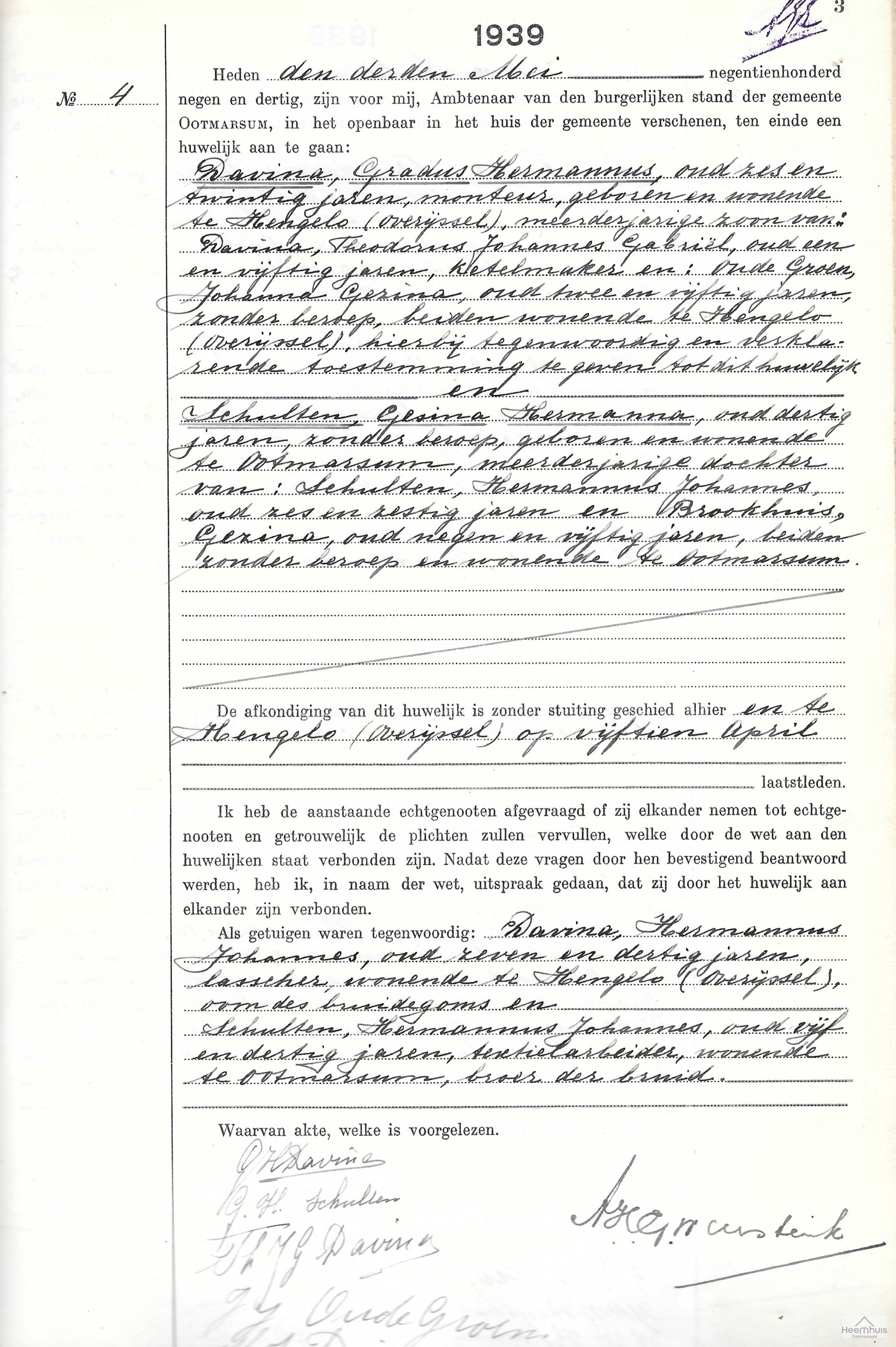 Huwelijksakte van Gradus Hermannus Davina en Gesina Hermanna Schulten