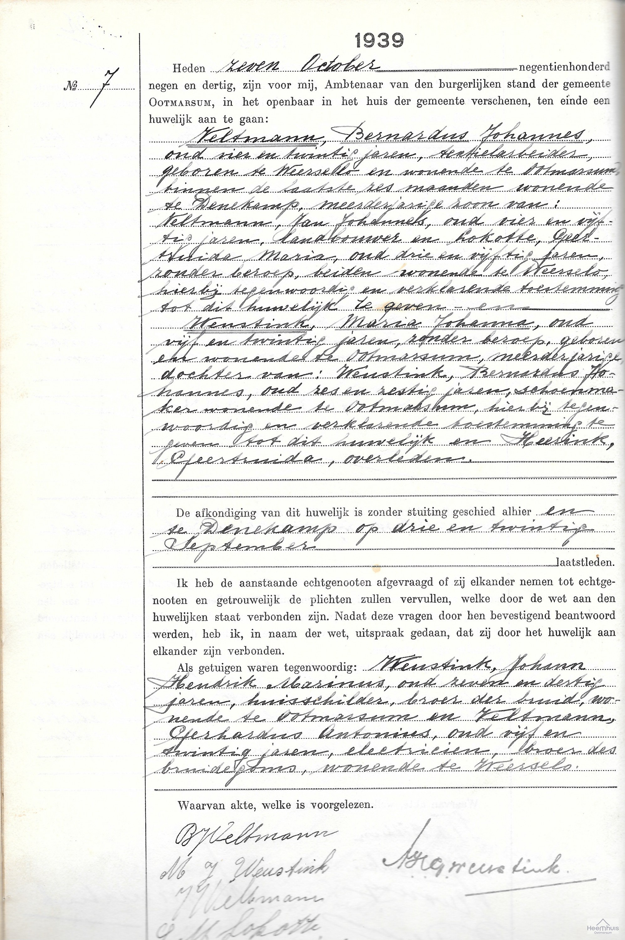 Huwelijksakte van Bernardus Johannes Veltmann en Maria Johanna Weustink