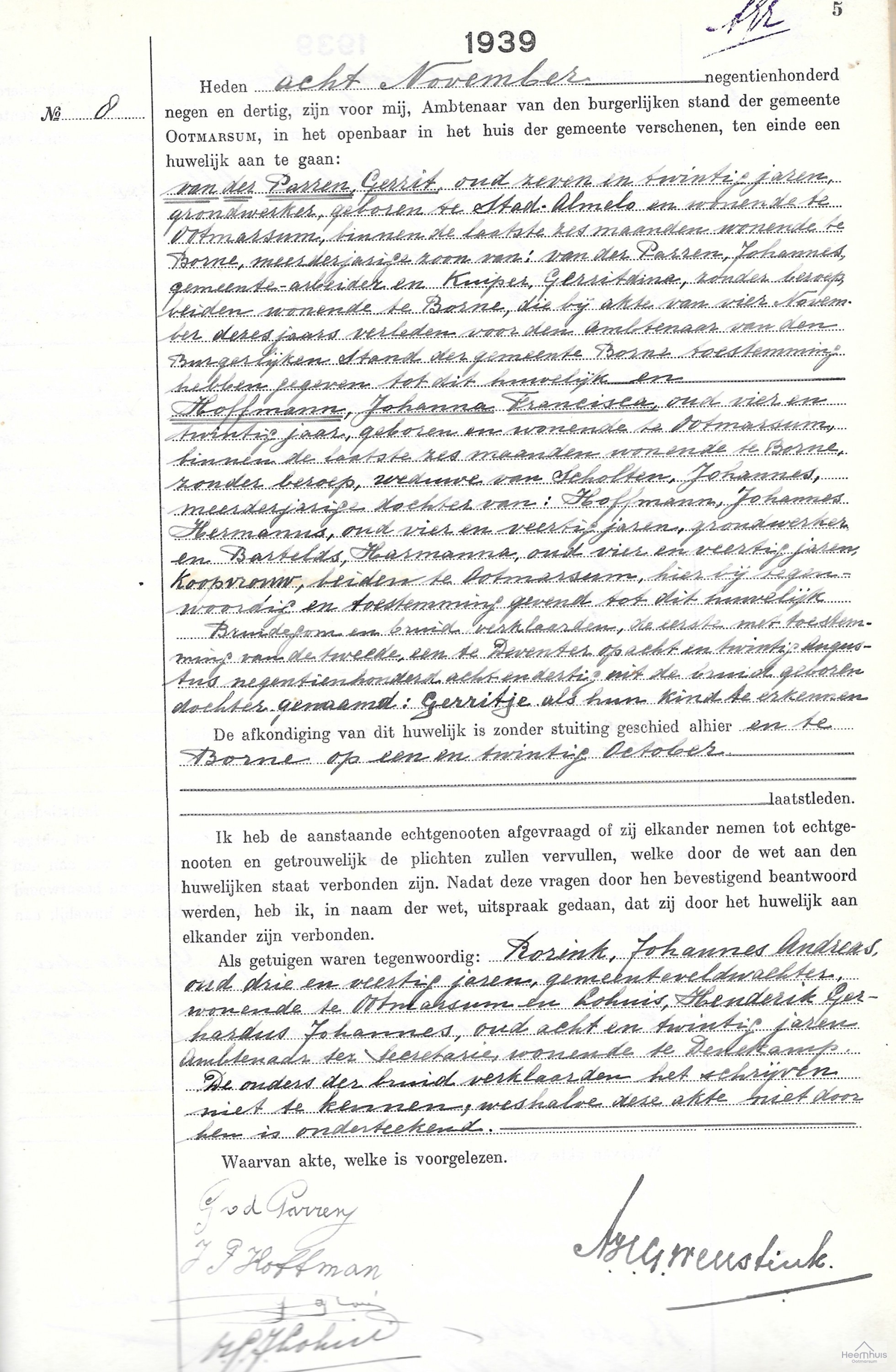 Huwelijksakte van Gerrit van der Parren en Johanna Francisca Hoffmann