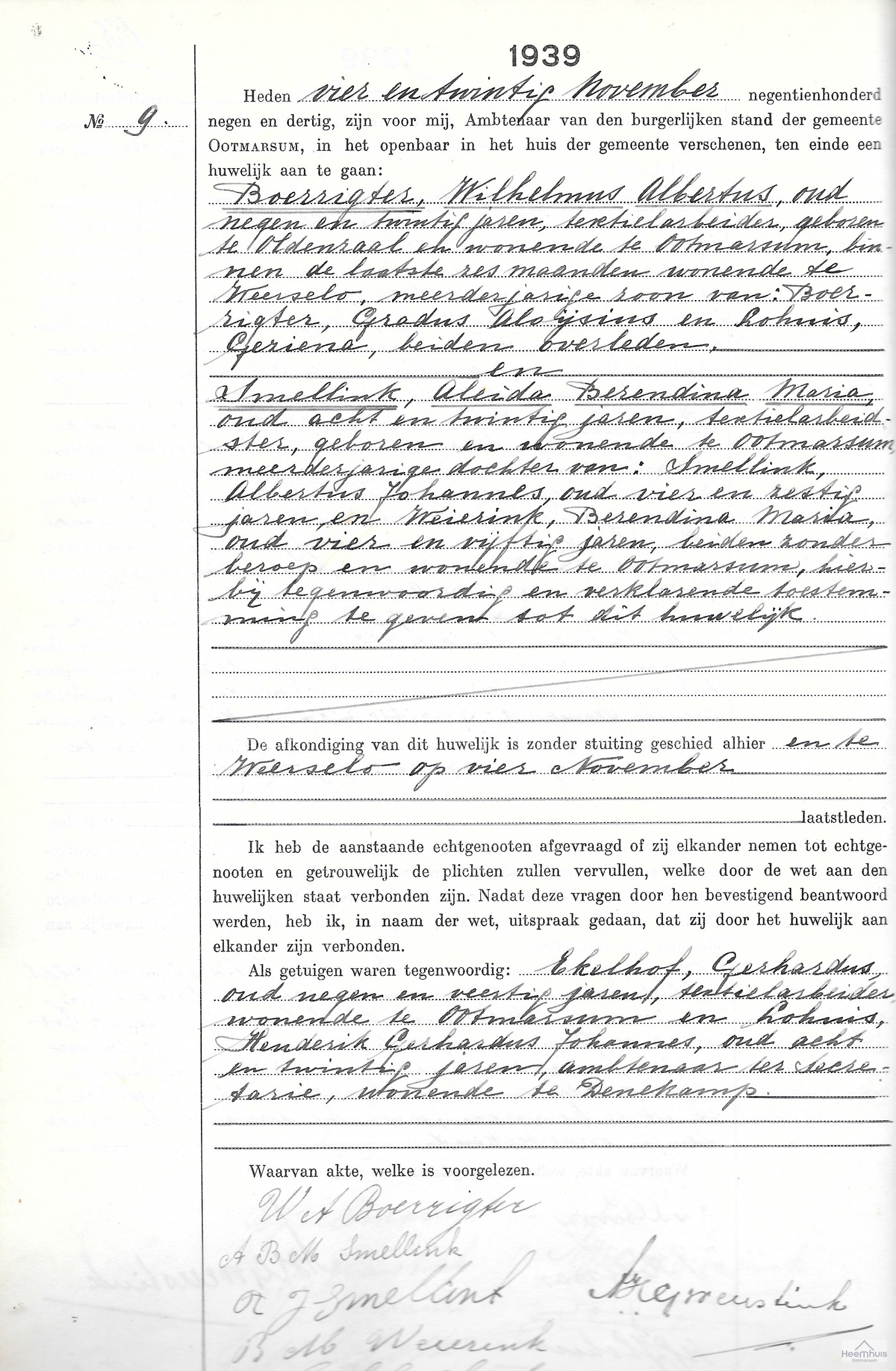 Huwelijksakte van Wilhelmus Albertus Boerrigter en Aleida Berendina Maria Smellink