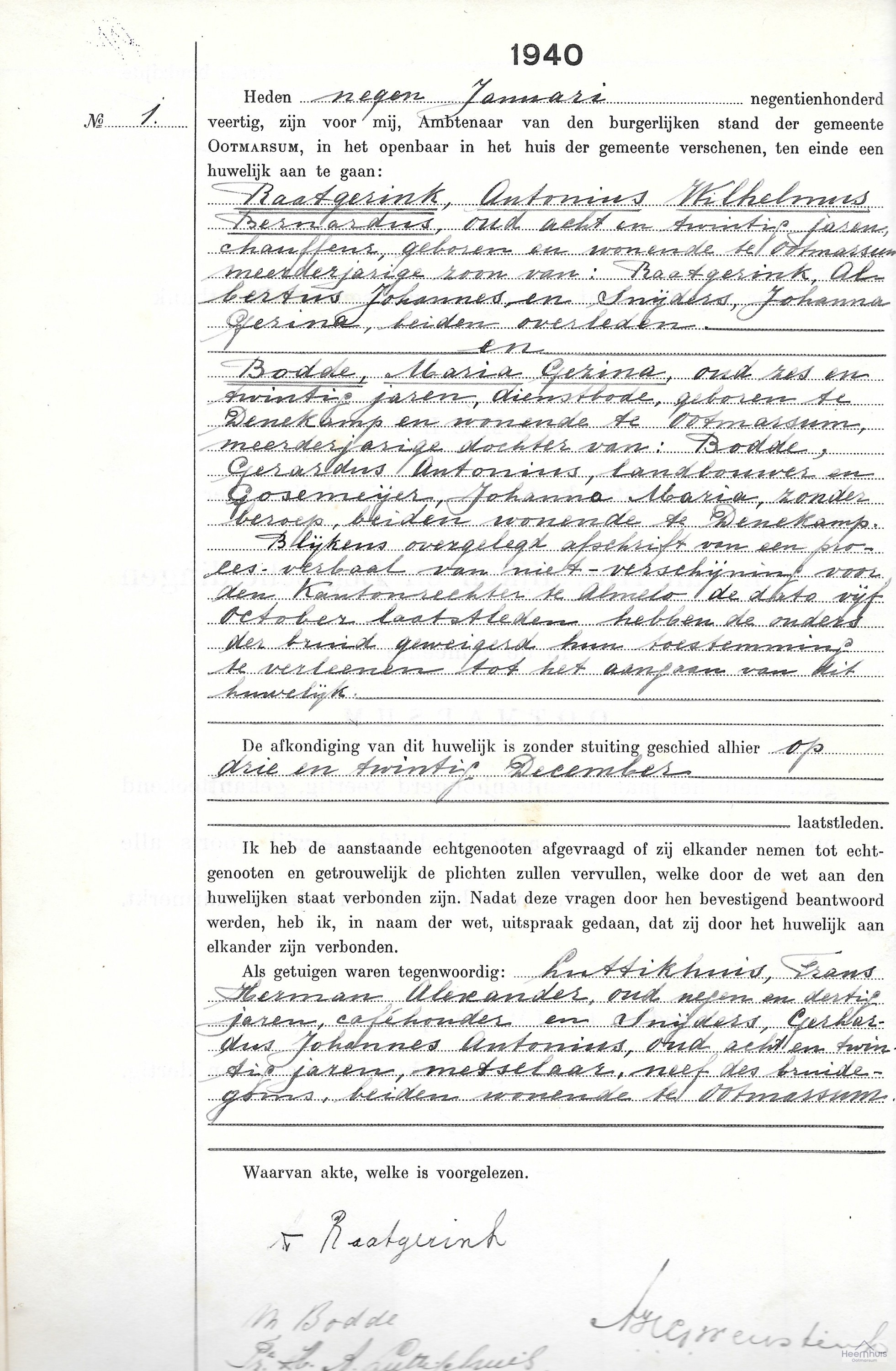 Huwelijksakte van Antonius Wilhelmus Bernardus Raatgerink en Maria Gezina Bodde