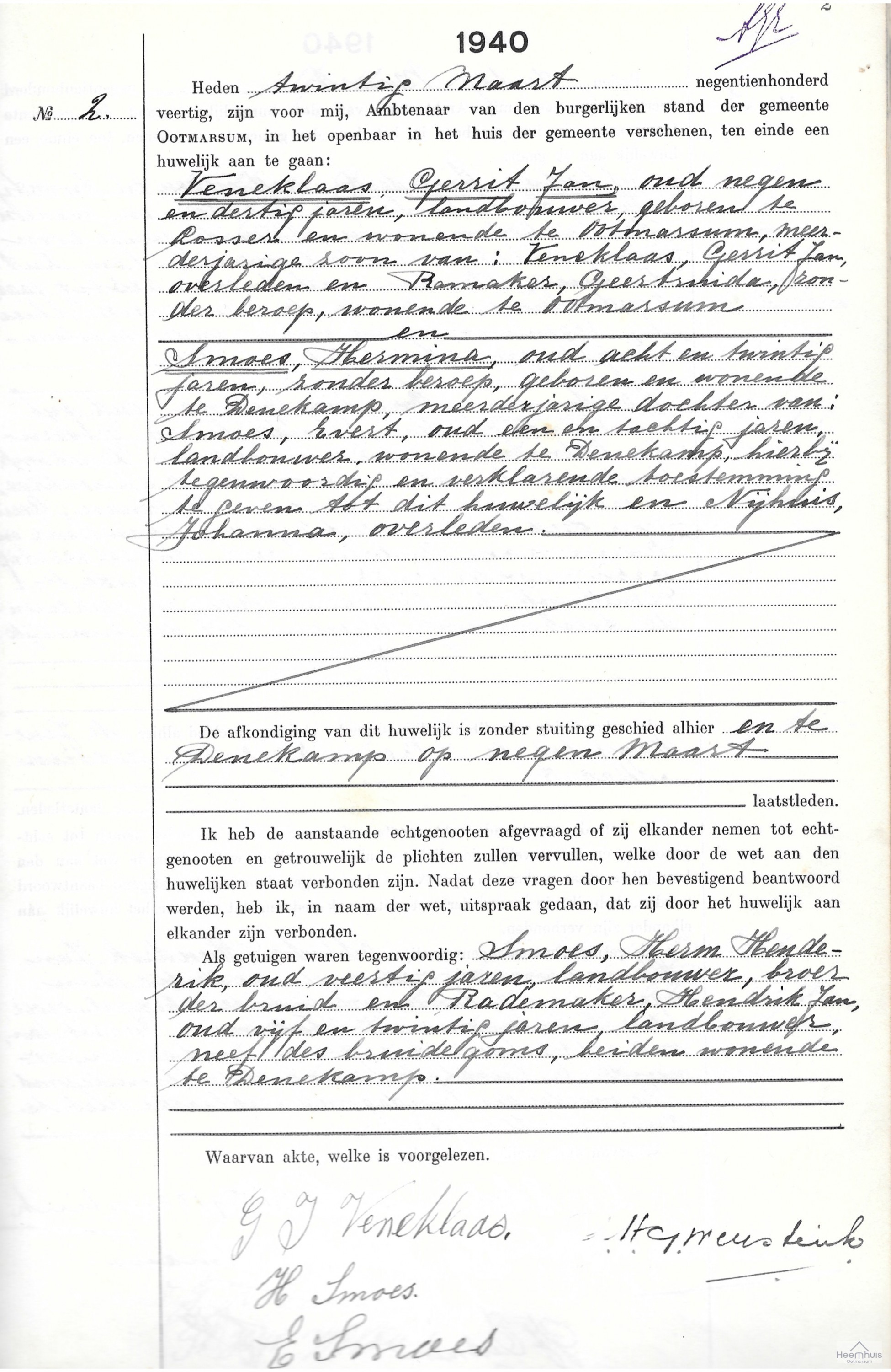 Huwelijksakte van Gerrit Jan Veneklaas en Hermina Smoes Huwelijksakte van Gerrit Jan Veneklaas en Hermina Smoes