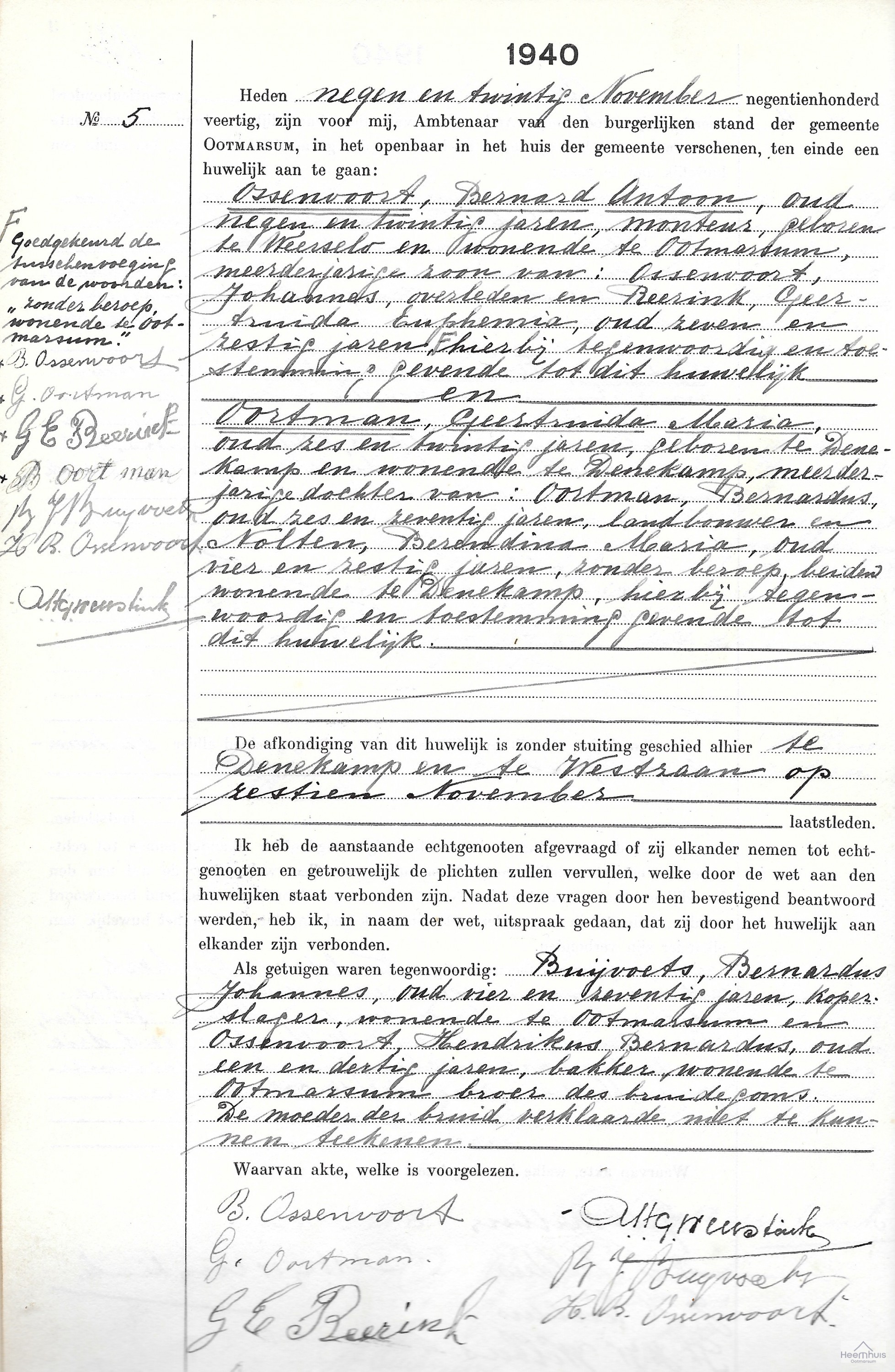 Huwelijksakte van Bernard Antoon Ossenvoort en Geertruida Maria Oortman