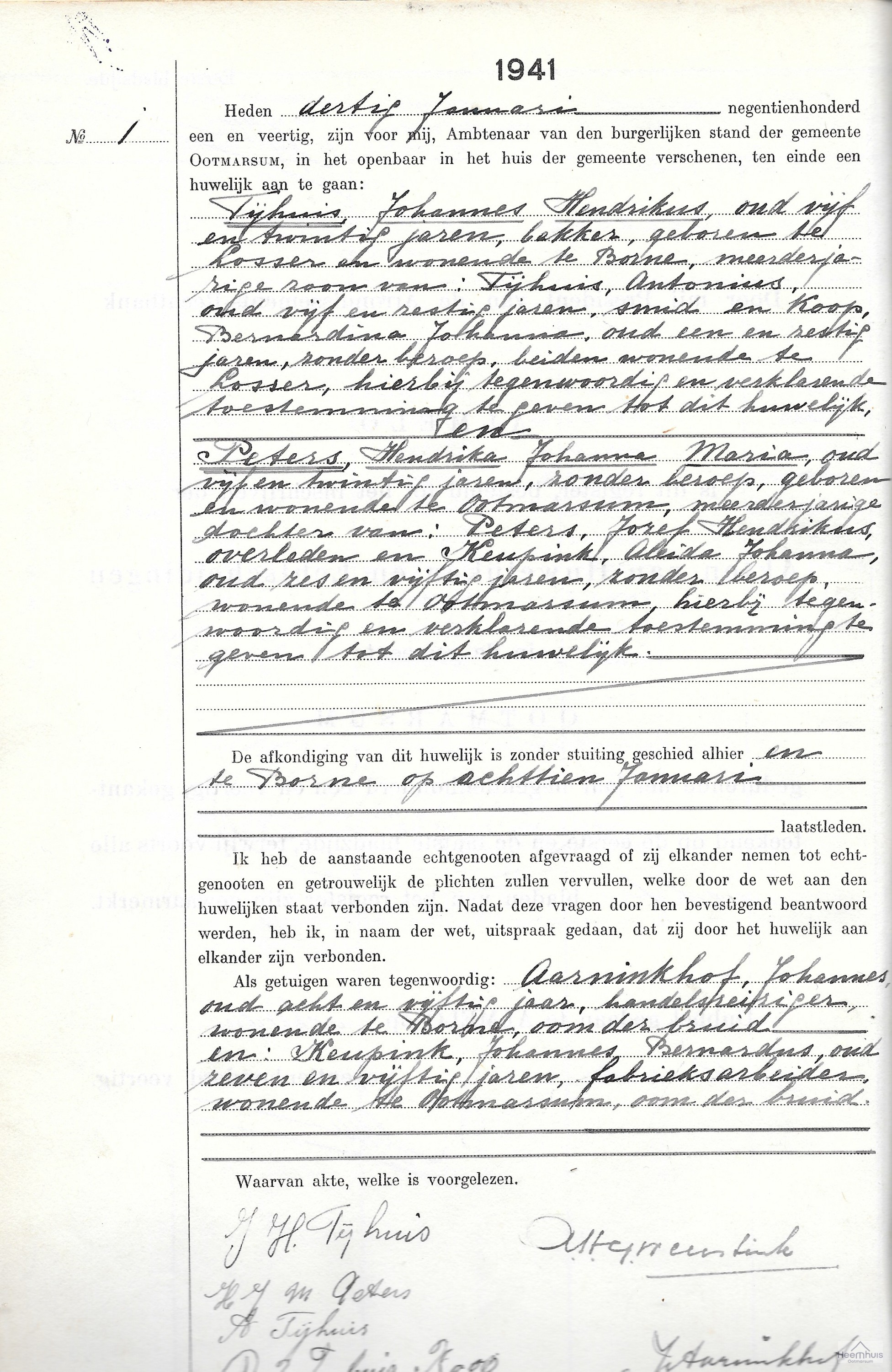 Huwelijksakte van Johannes Hendrikus Tijhuis en Hendrika Johanna Maria Peters