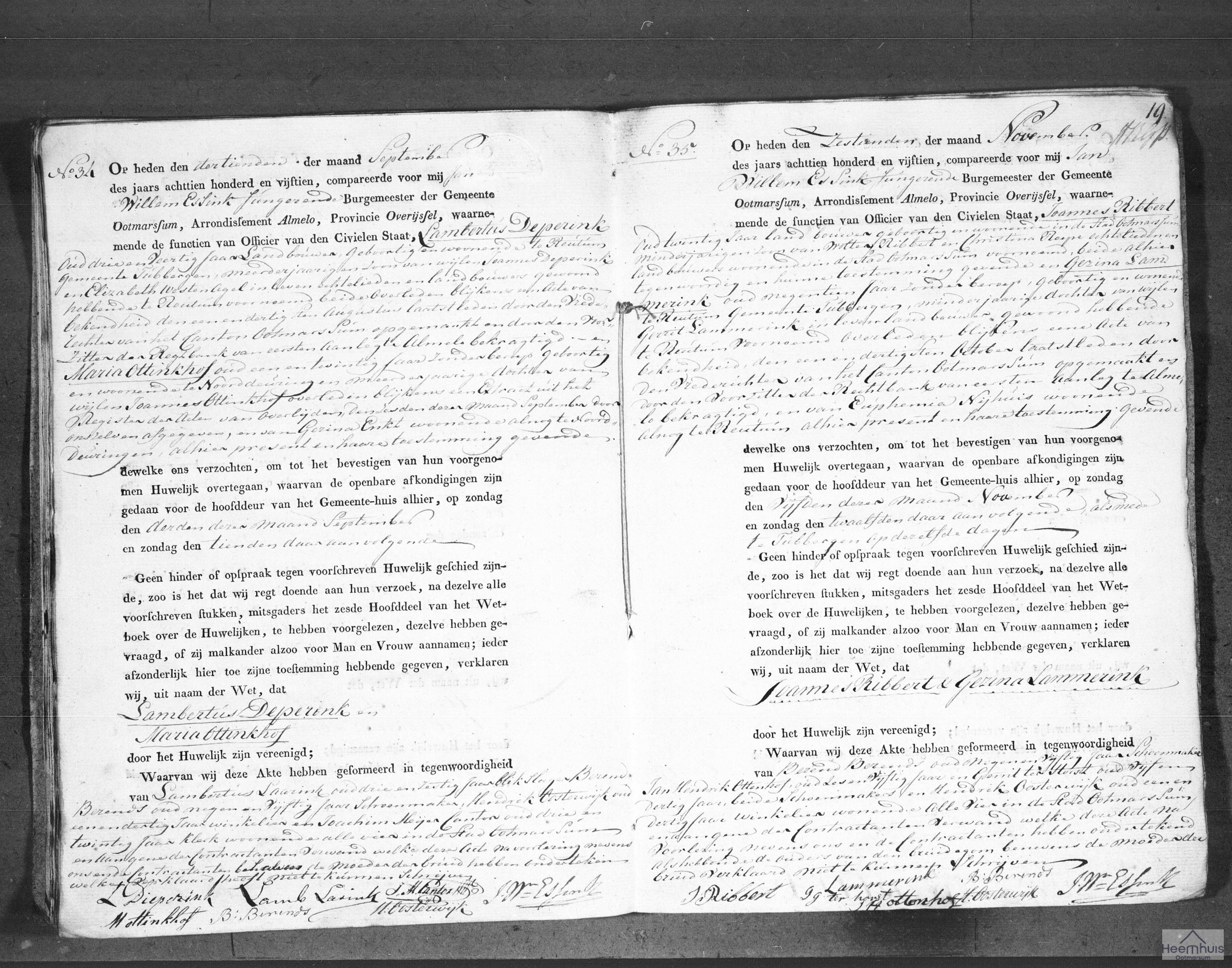 Huwelijksakte van Joannes Ribbert en Gezina Lammerink