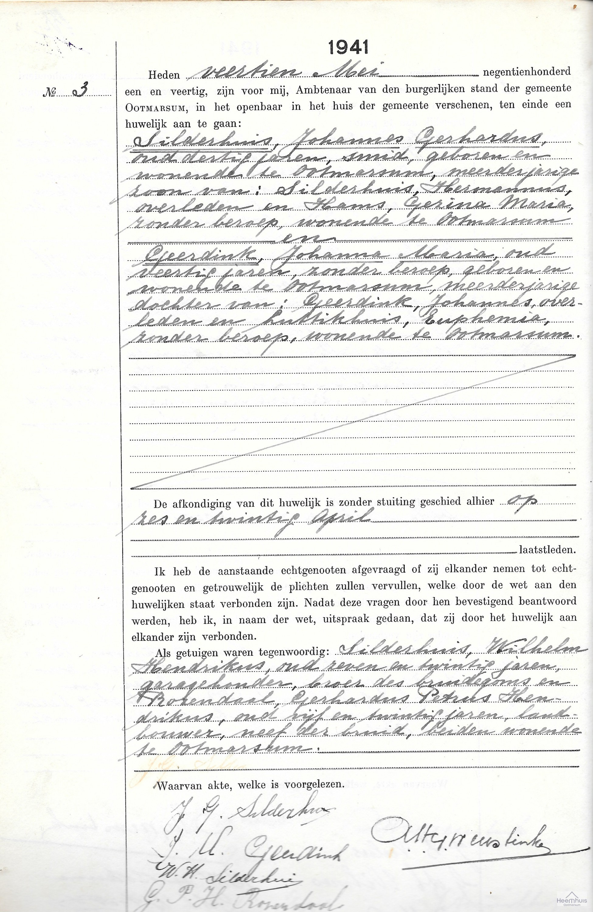 Huwelijksakte van Johannes Gerhardus Silderhuis en Johanna Maria Geerdink