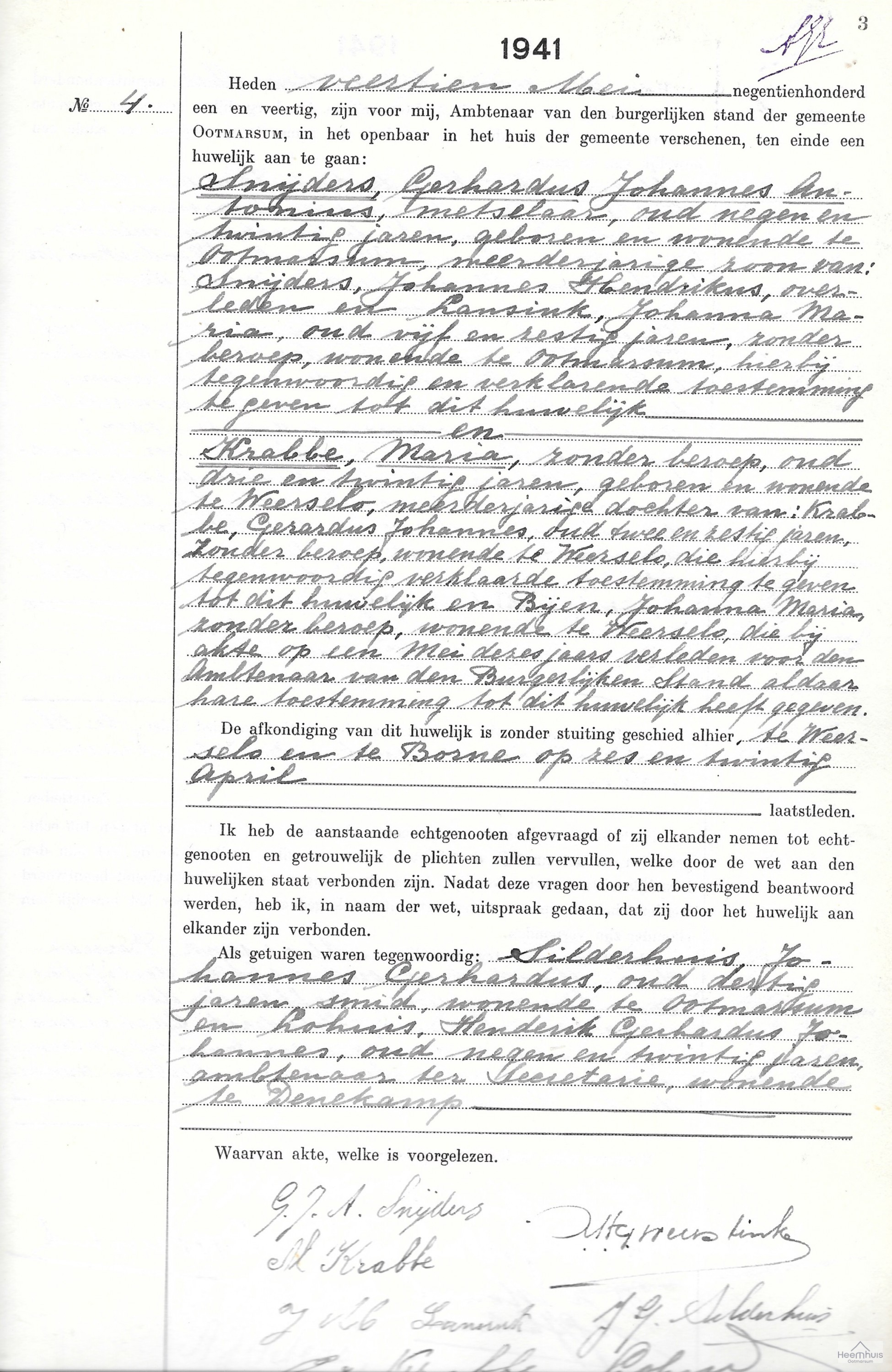 Huwelijksakte van Gerhardus Johannes Antonius Snijders en Maria Krabbe