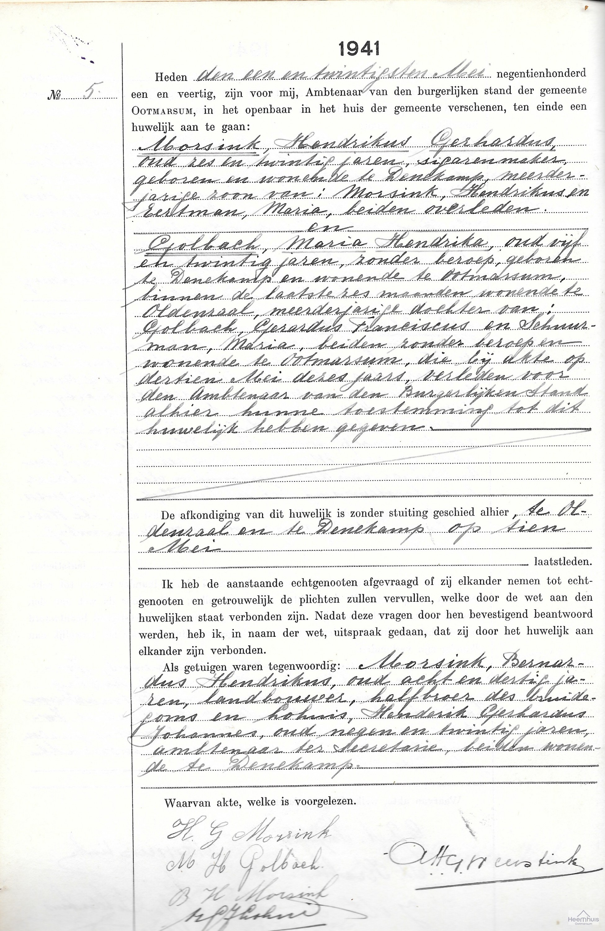 Huwelijksakte van Hendrikus Gerhardus Morsink en Maria Hendrika Golbach
