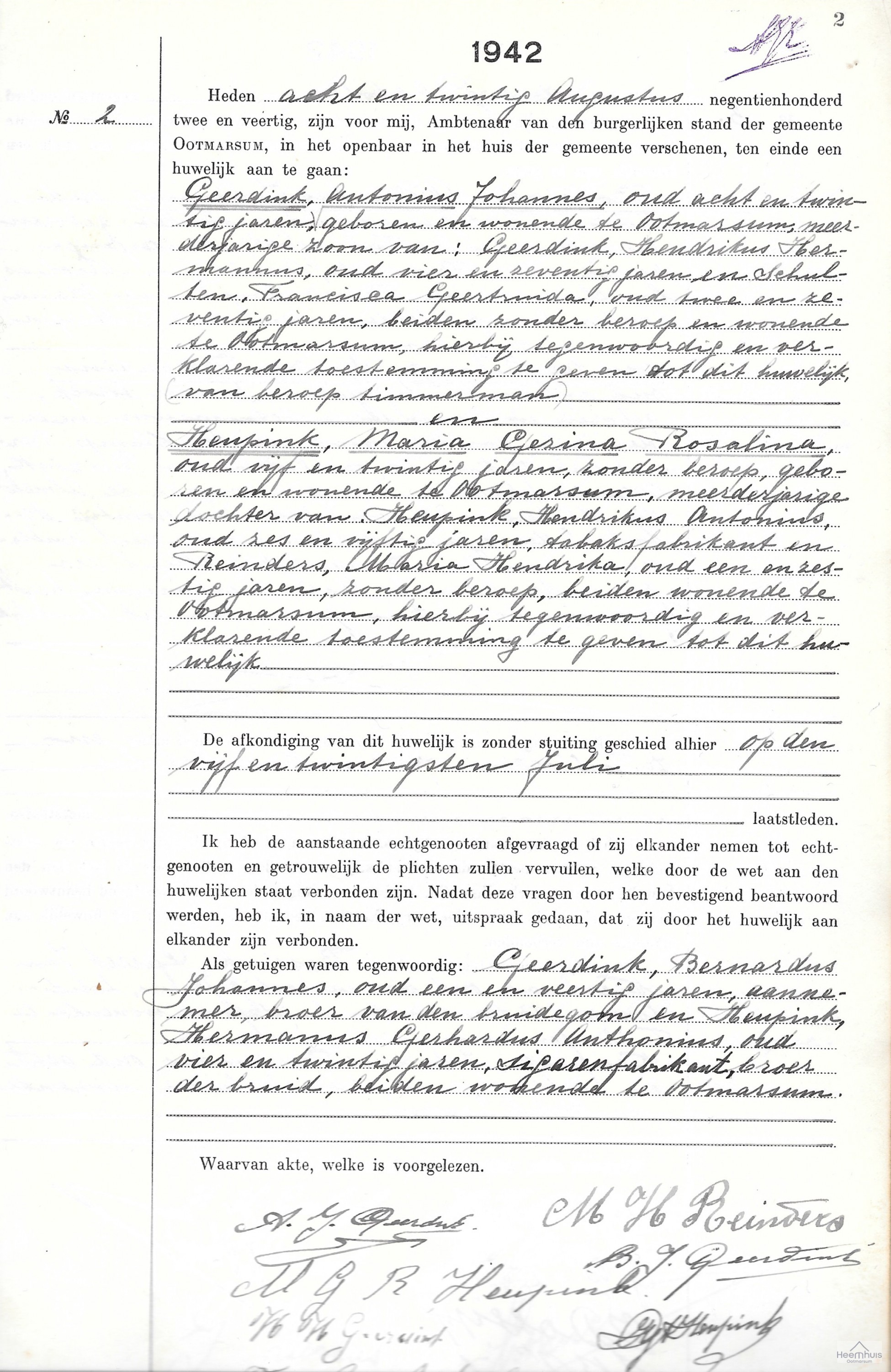 Huwelijksakte van Antonius Johannes Geerdink en Maria Gezina Rosalina Heupink