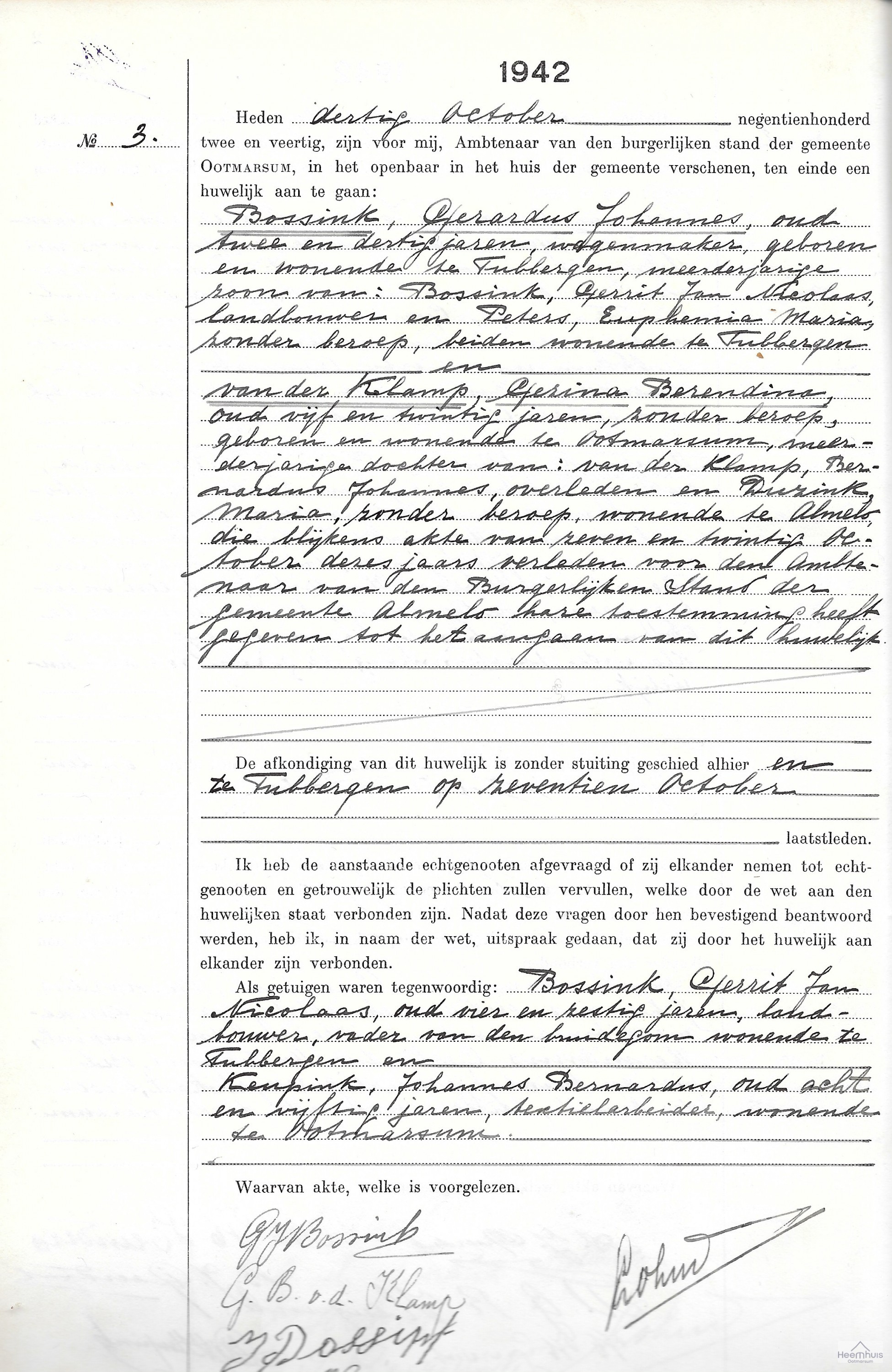 Huwelijksakte van Gerardus Johannes Bossink en Gezina Berendina van der Klamp