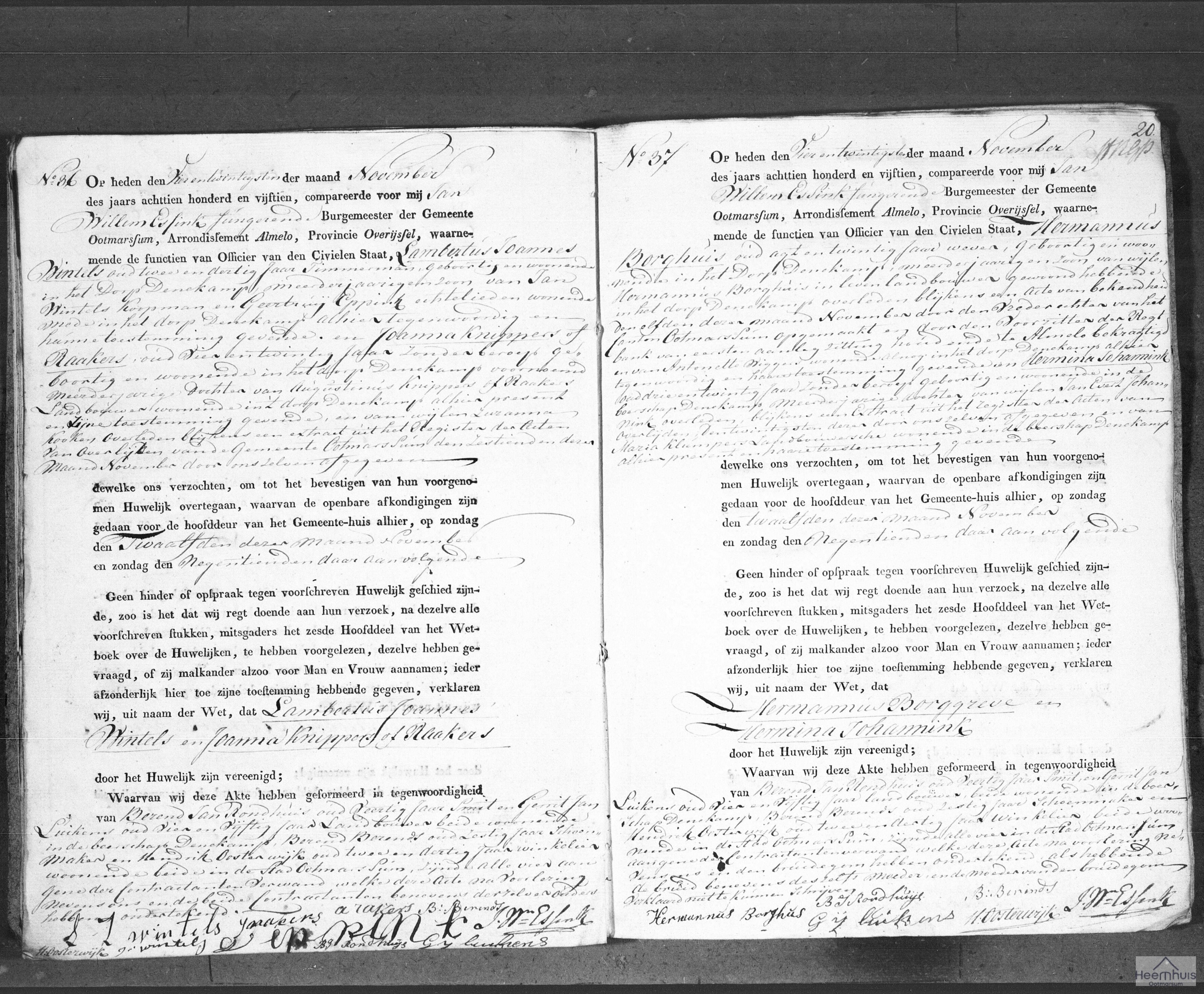 Huwelijksakte van Hermannus Borghuis en Hermina Johannink
