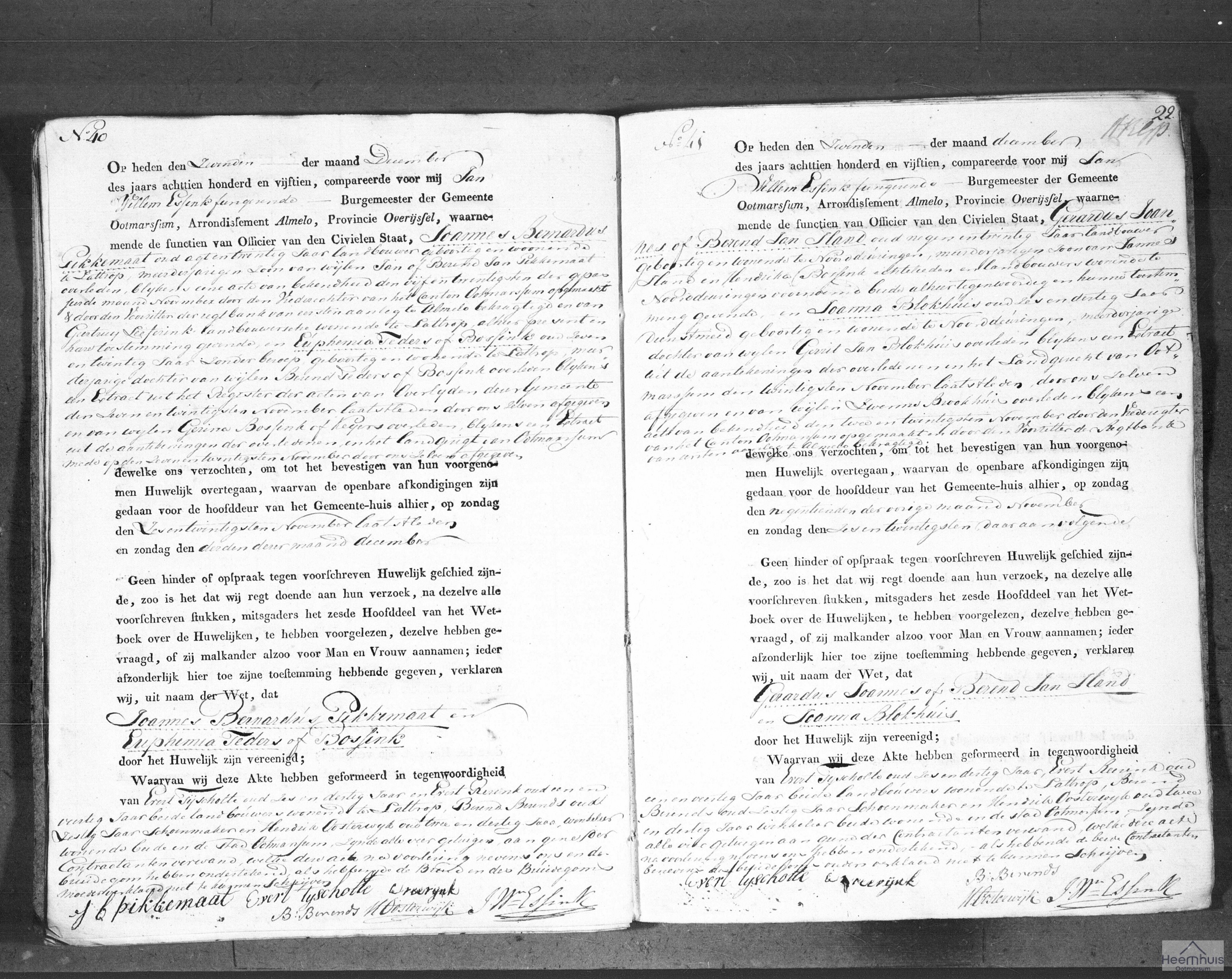 Huwelijksakte van Joannes Bernardus Pikkemaat en Euphemia Teders of Bossink