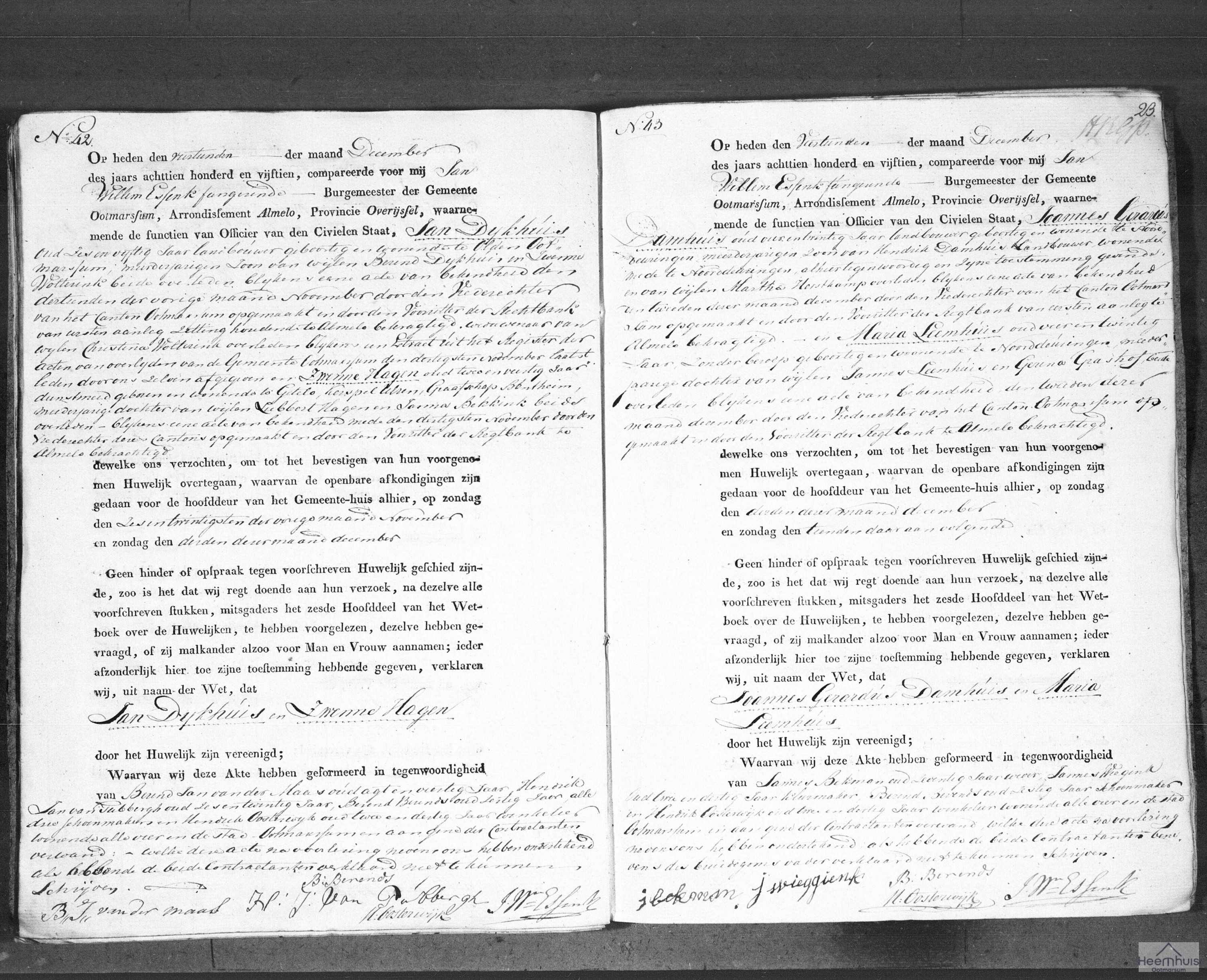 Huwelijksakte van Jan Dijkhuis en Zwenne Hagen