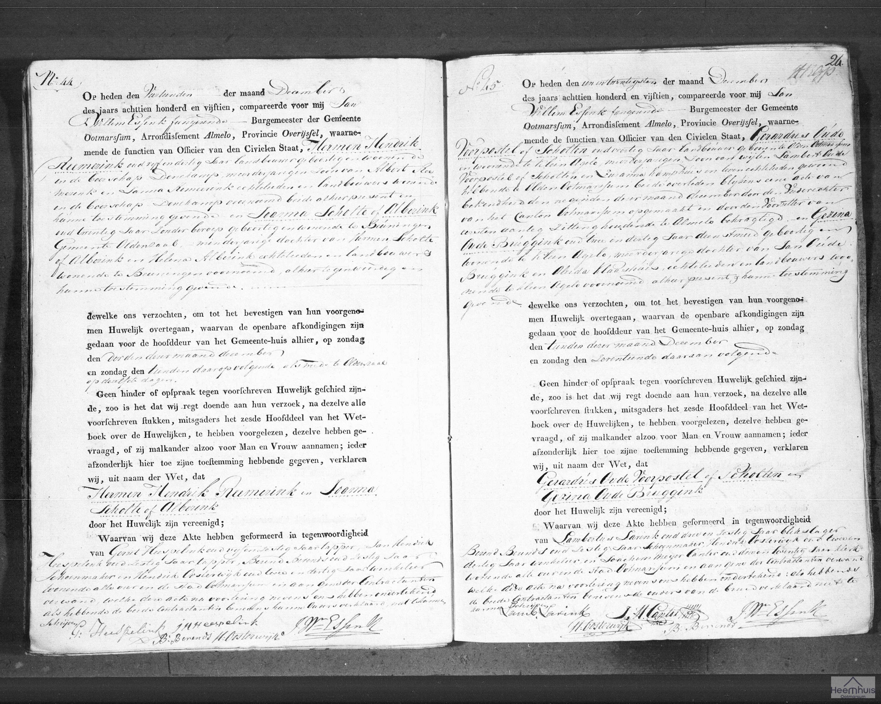 Huwelijksakte van Gerardus Oude Voorpostel of Scholten en Gezina Oude Bruggink