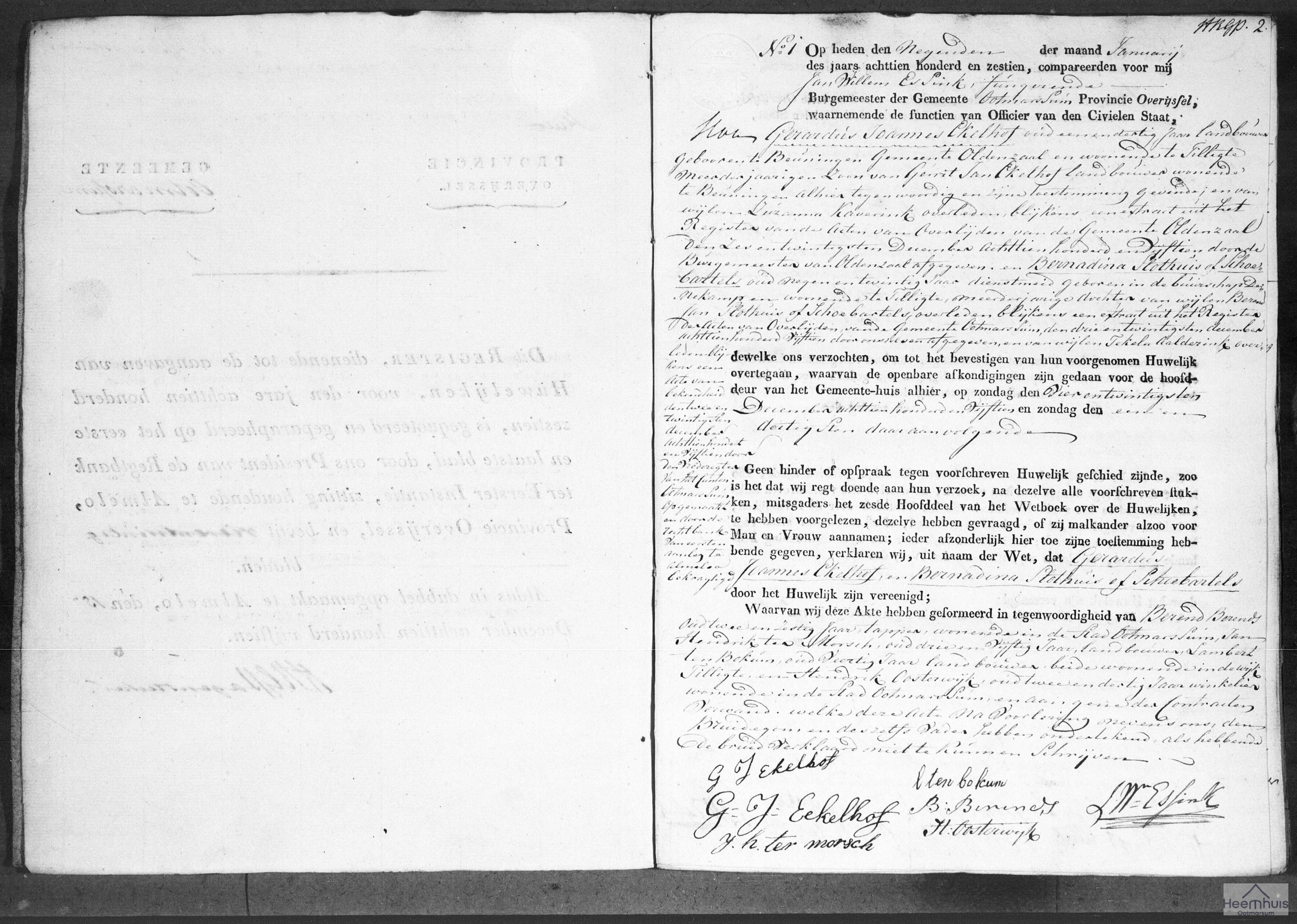 Huwelijksakte van Gerardus Joannes Ekelhof en Bernadina Slothuis of Schoebartels
