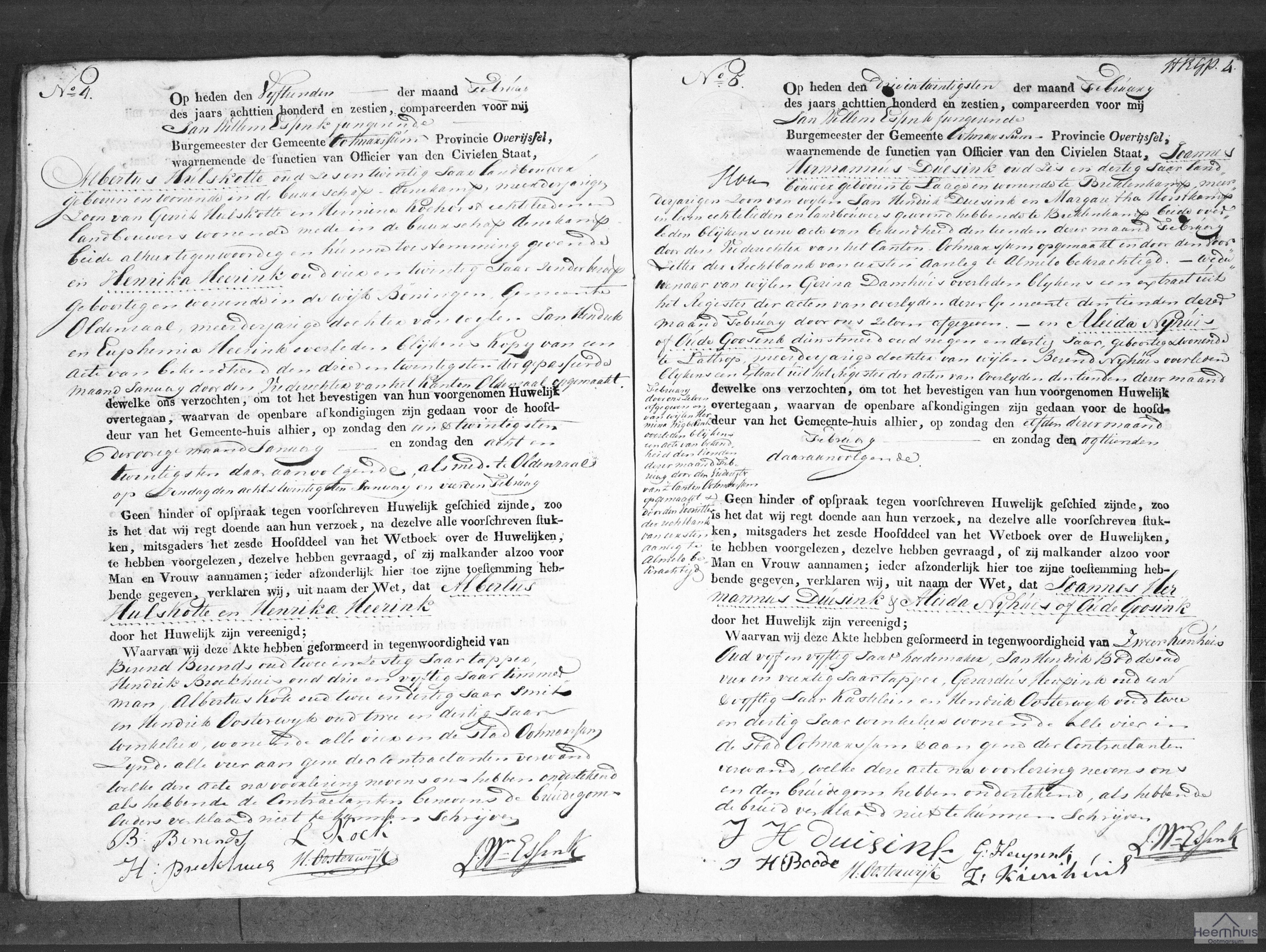 Huwelijksakte van Joannes Hermannus Duesink en Aleida Nijhuis of Oude Goosink Huwelijksakte van Joannes Hermannus Duesink en Aleida Nijhuis of Oude Goosink