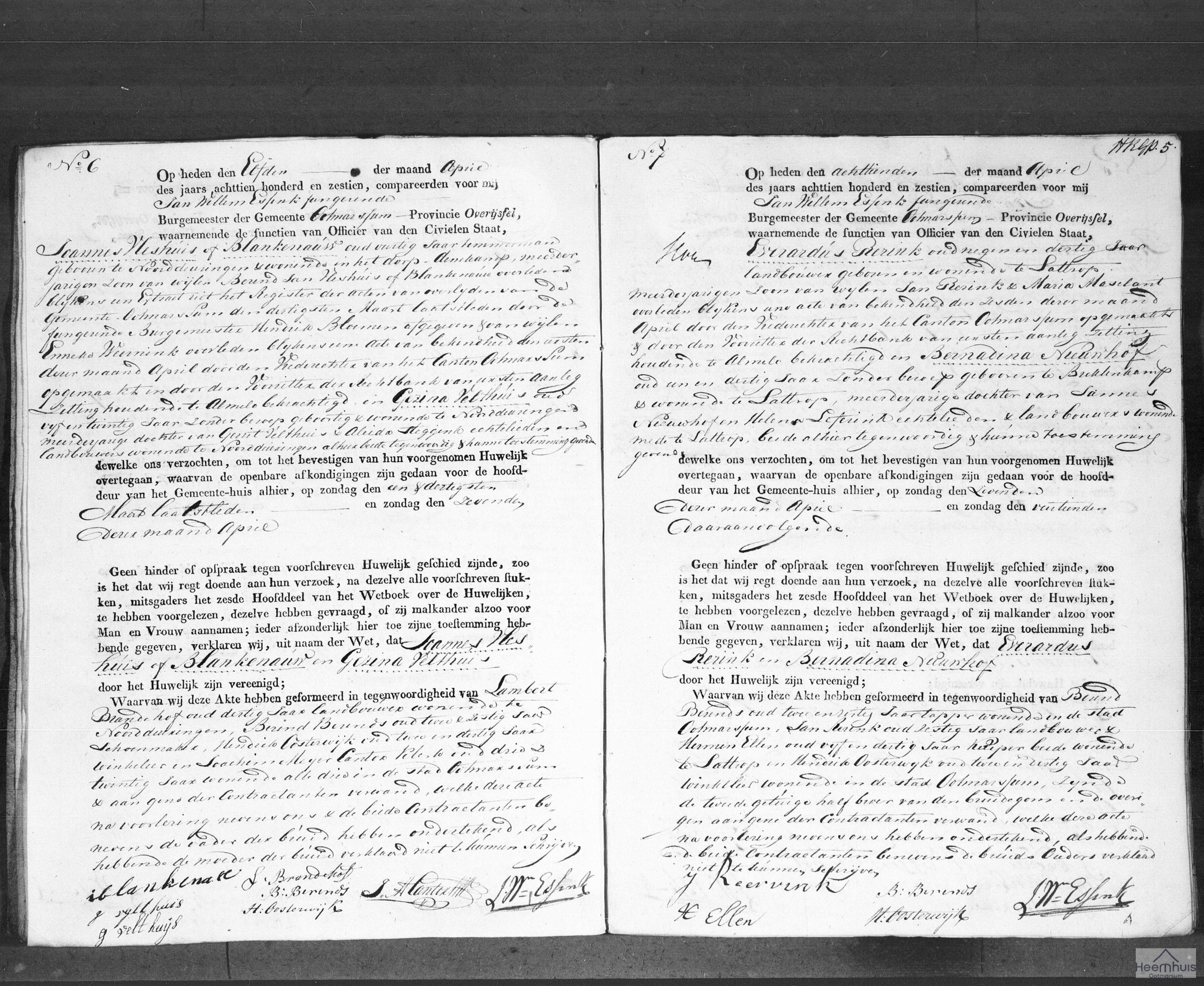 Huwelijksakte van Joannes Vleshuis of Blankenauw en Gezina Velthuis