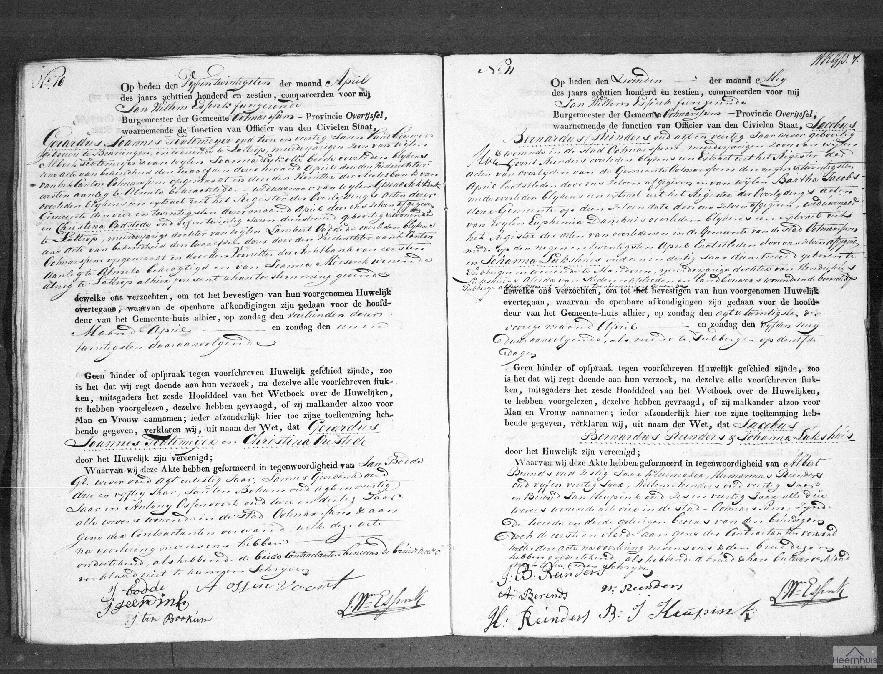 Huwelijksakte van Jacobus Bernardus Reinders en Johanna Lukshuis