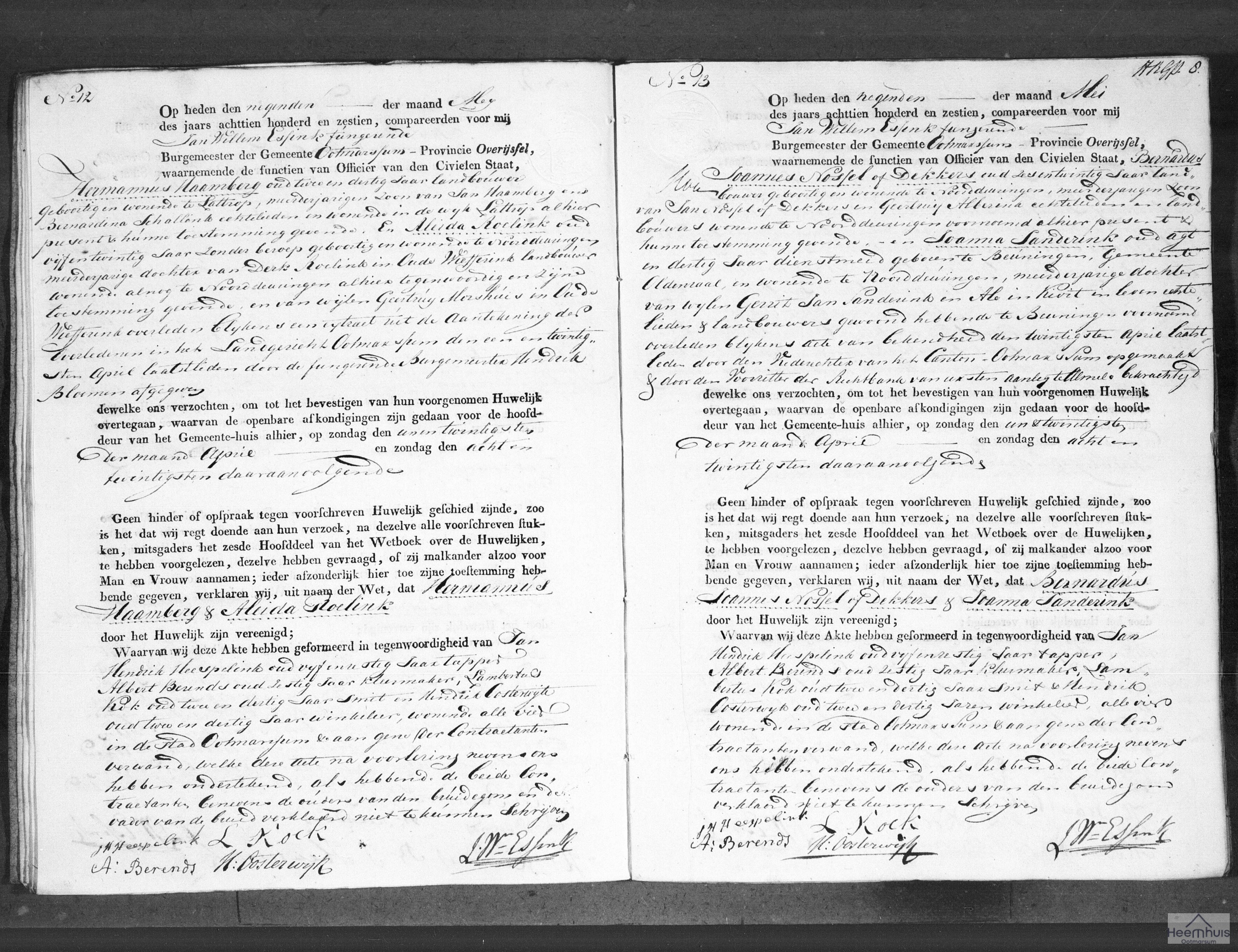 Huwelijksakte van Hermannus Haamberg en Aleida Roelink