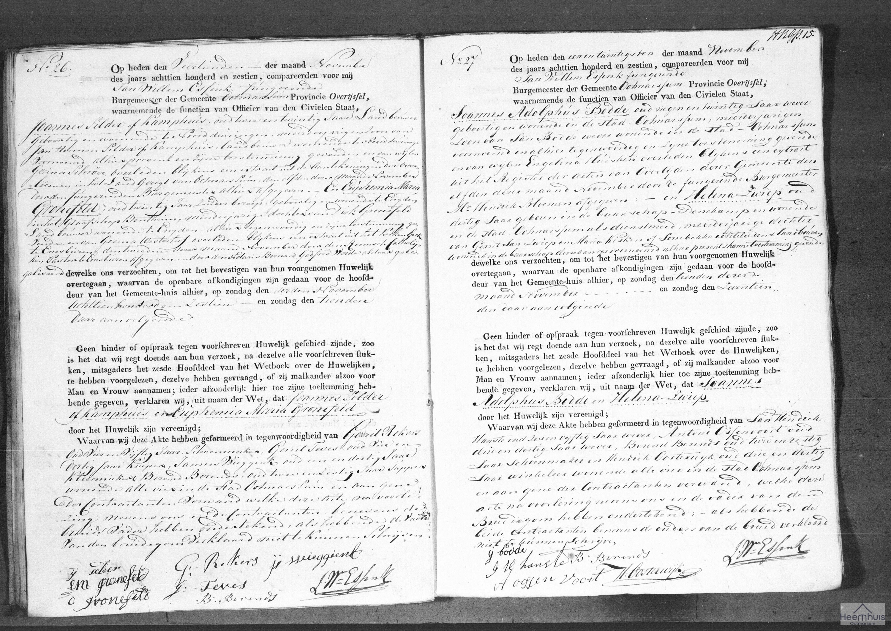 Huwelijksakte van Joannes Adolphus Bodde en Helena Zwiep