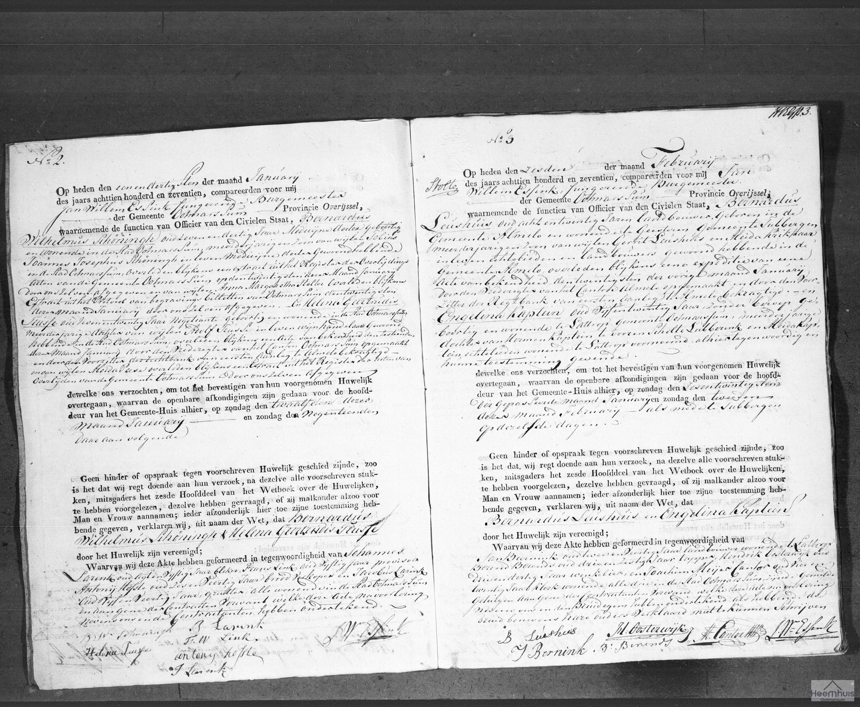 Huwelijksakte van Bernardus Leushuis en Engelina Kaptein