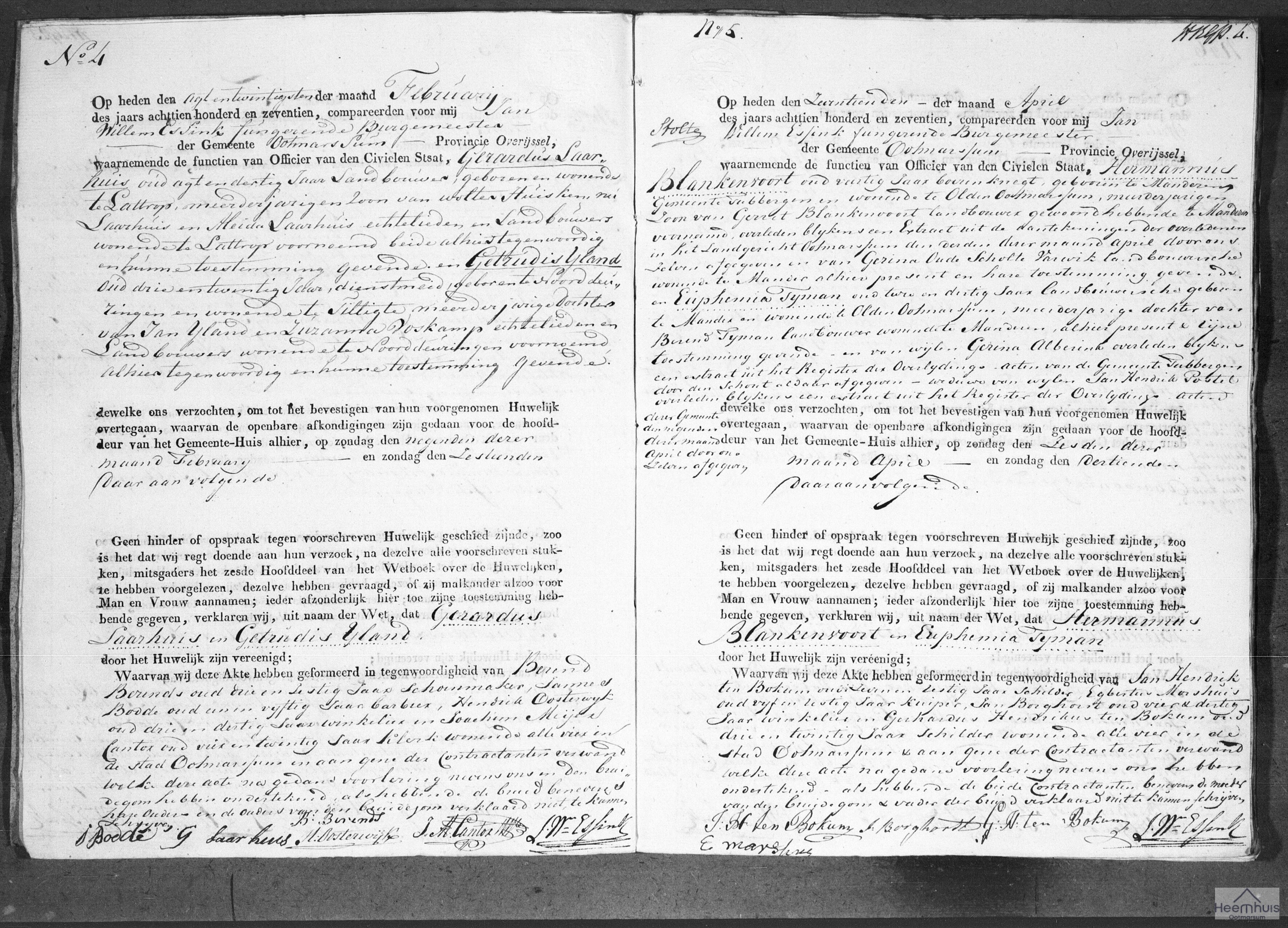 Huwelijksakte van Gerardus Laarhuis en Getrudis IJland