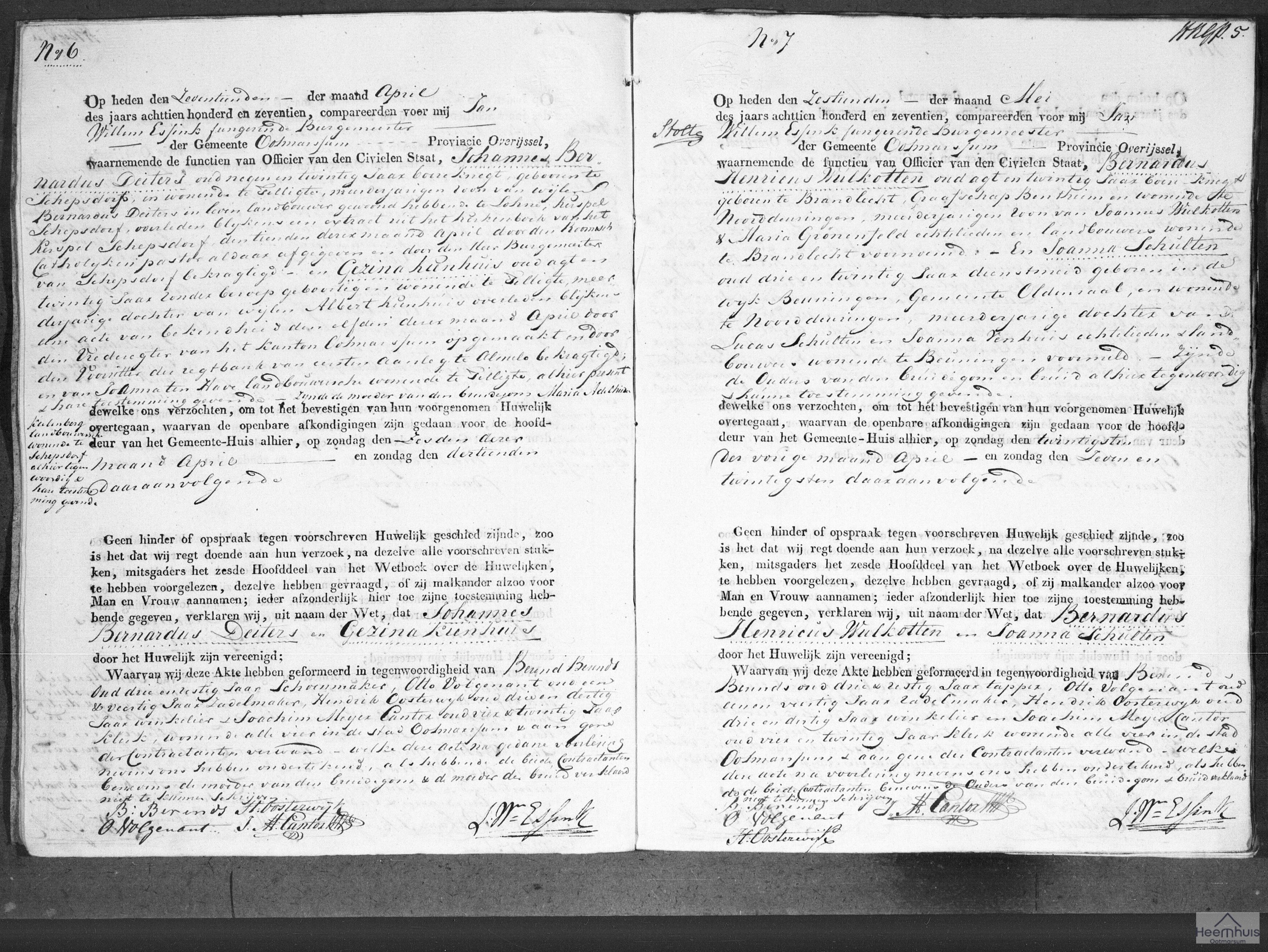 Huwelijksakte van Bernardus Henricus Wulkotten en Joanna Schulten