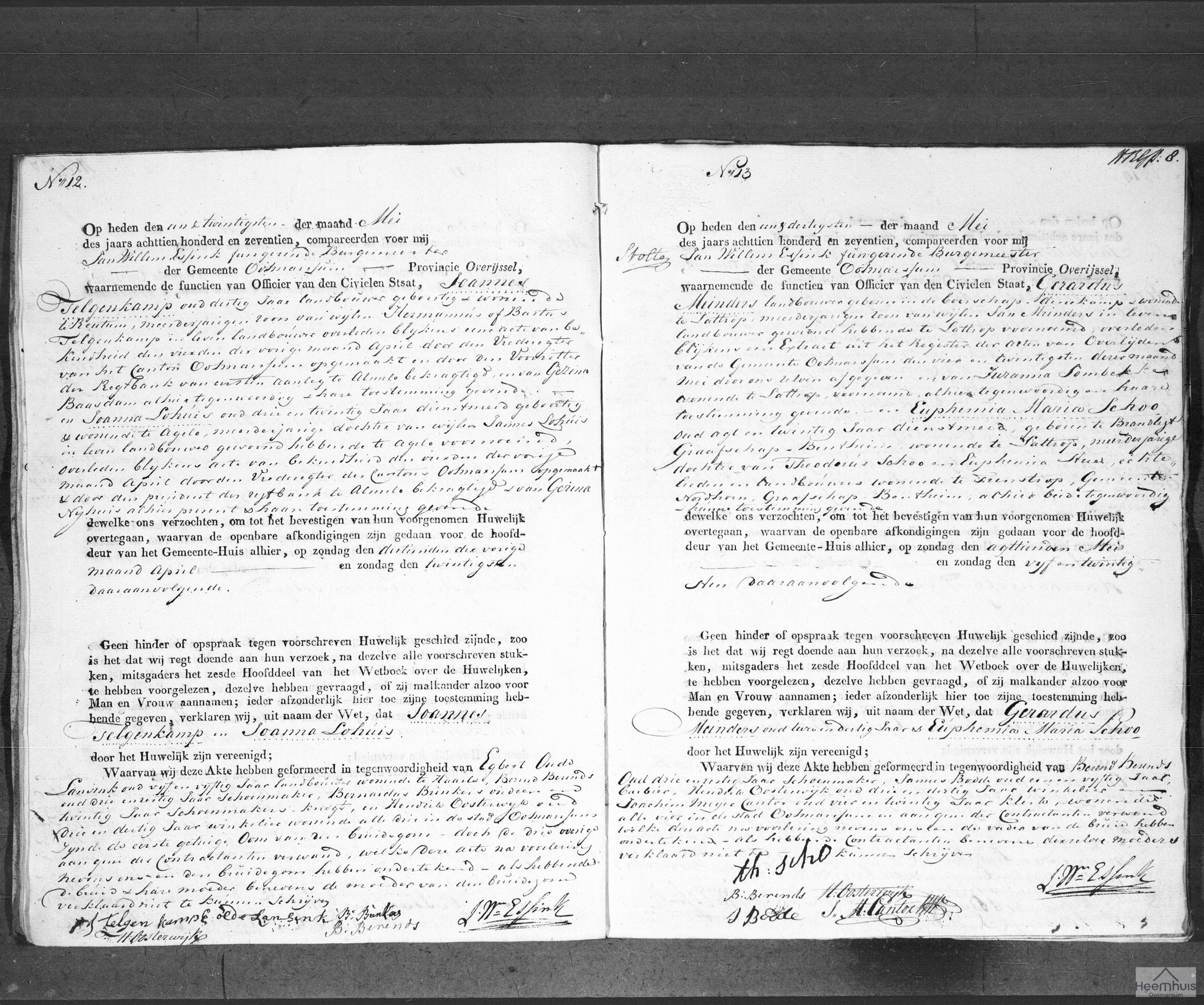 Huwelijksakte van Joannes Telgenkamp en Joanna Lohuis