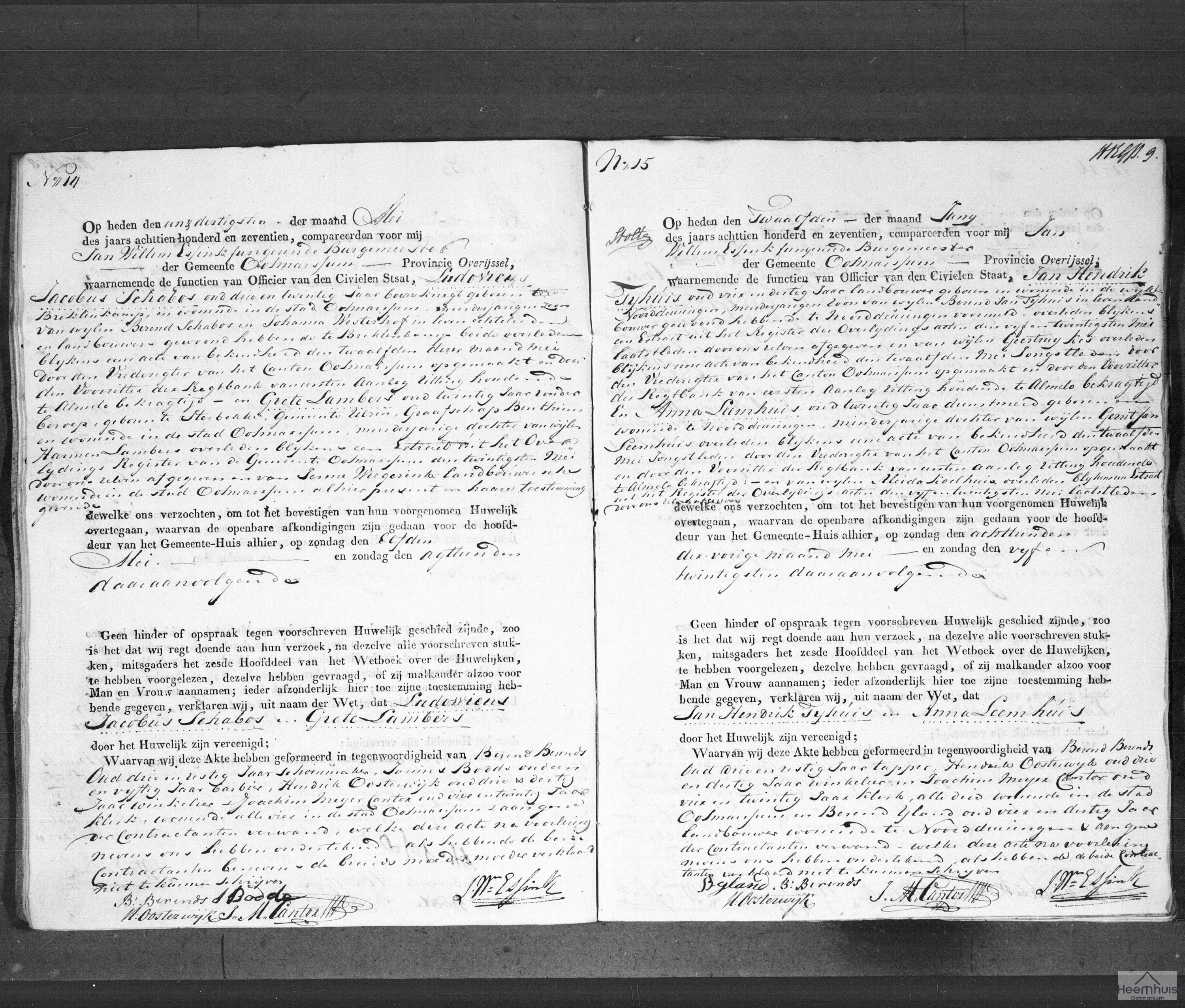 Huwelijksakte van Jan Hendrik Tijhuis en Anna Leemhuis