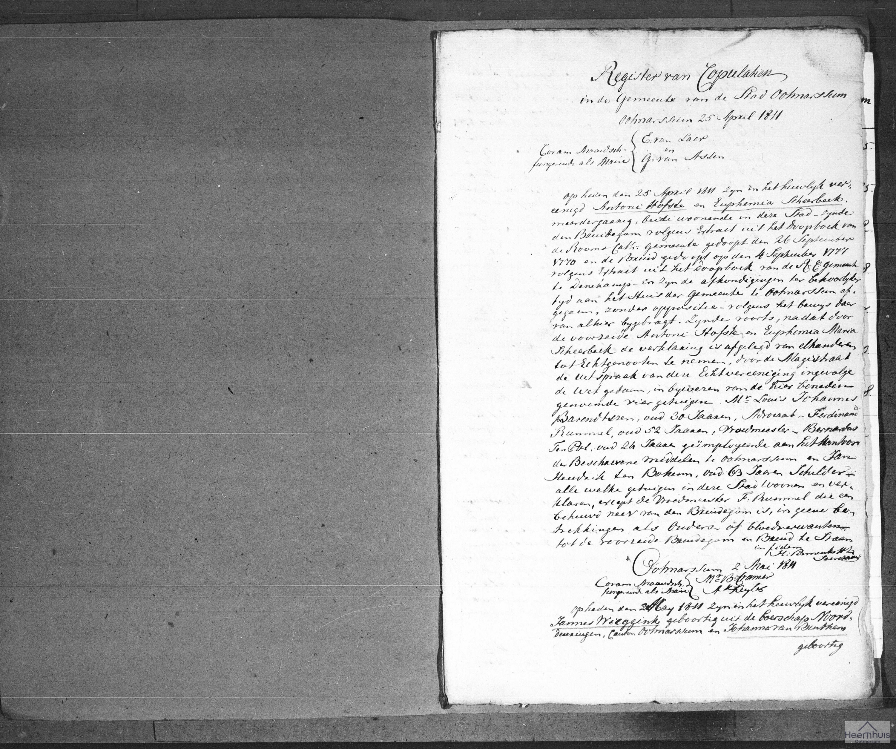 Huwelijksakte van Antoni Hofste en Euphemia Maria Scheerbeek